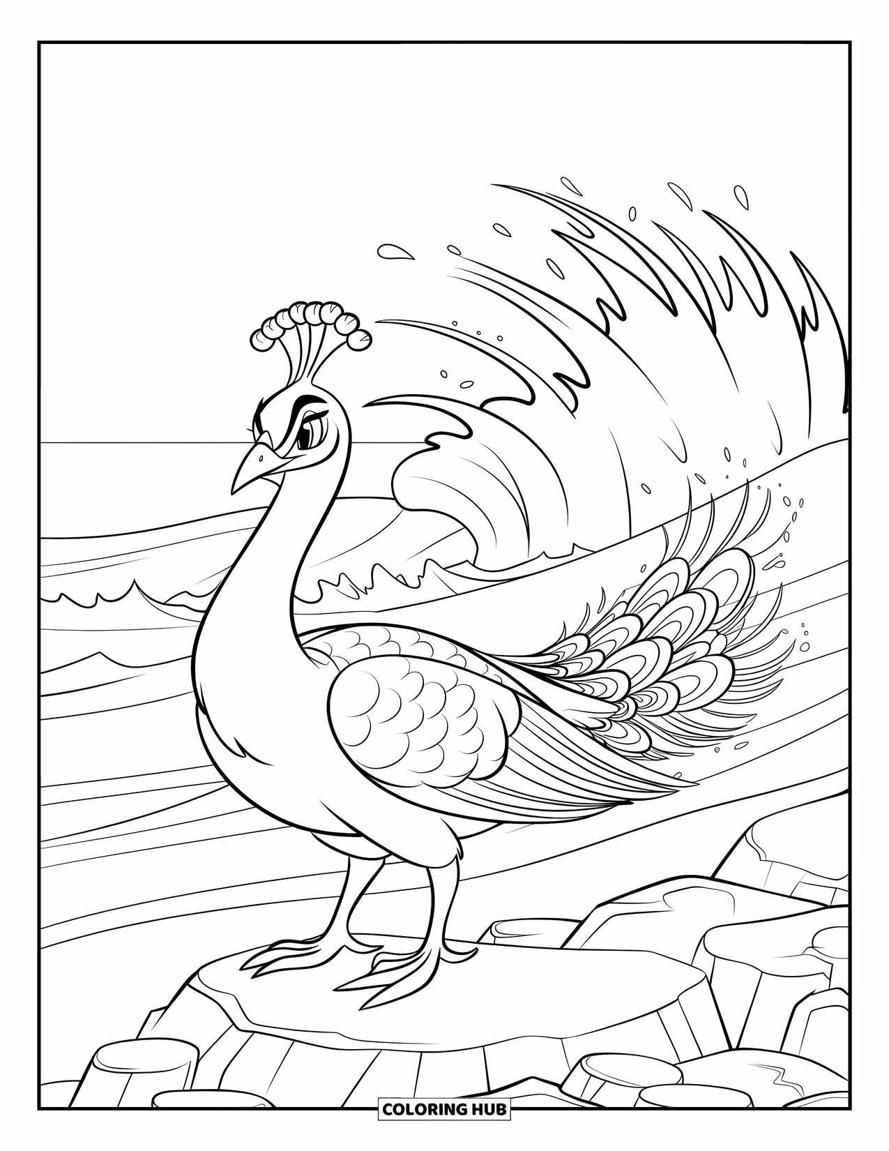 Disegno di pavone da colorare per bambini: Un pavone si erge elegantemente su una costa rocciosa con onde che si infrangono dietro