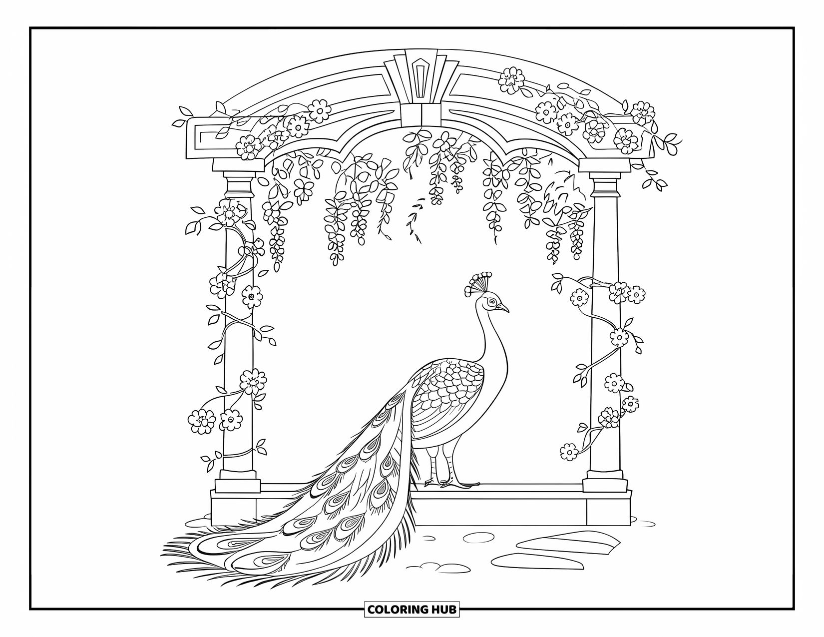 Disegno di pavone da colorare per bambini: Un pavone si erge con grazia sotto un arco adornato di fiori