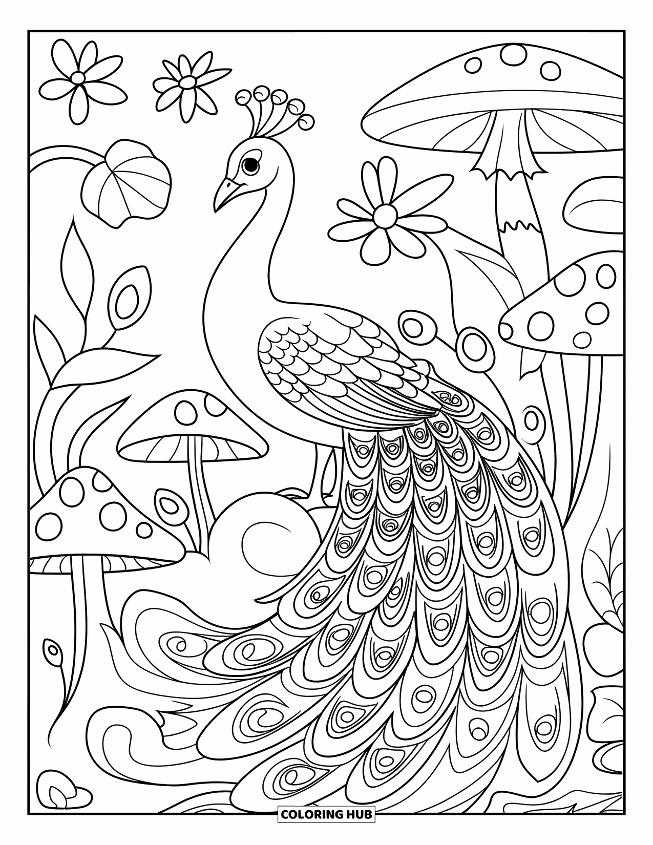 Disegno di pavone da colorare per bambini: Un pavone si erge in un giardino pieno di fiori e funghi giganti