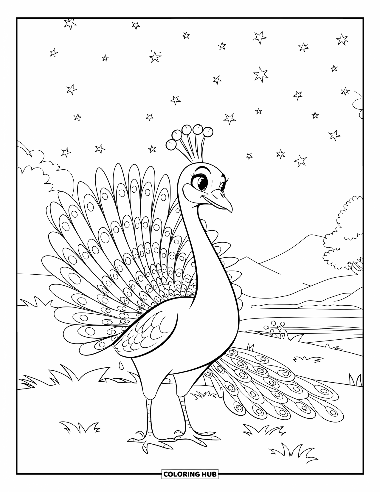 Disegno di pavone da colorare per bambini: Un pavone si erge in un campo erboso di notte, le sue piume si fondono con le stelle e le lucciole