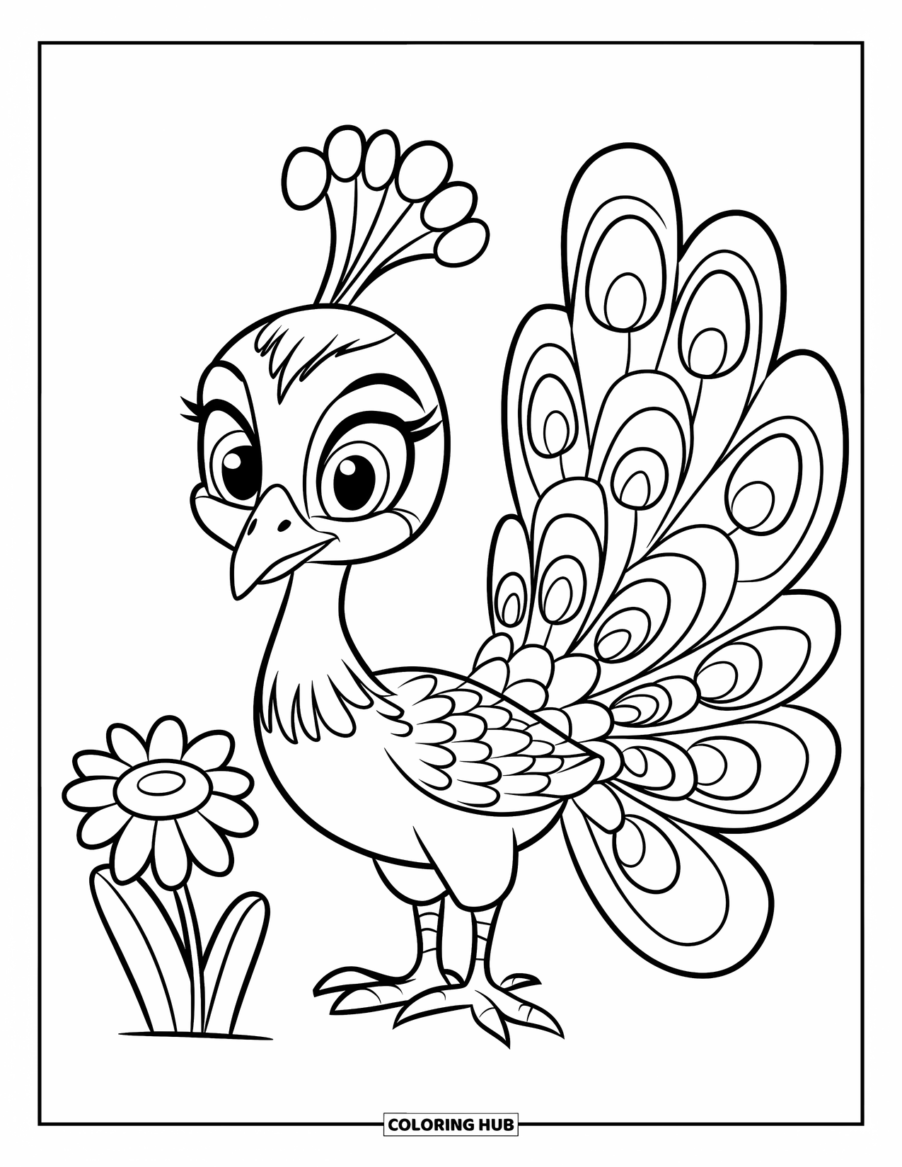 Disegno di pavone da colorare per bambini: Un pavone si erge vicino a un piccolo fiore, le sue piume luminose e accattivanti