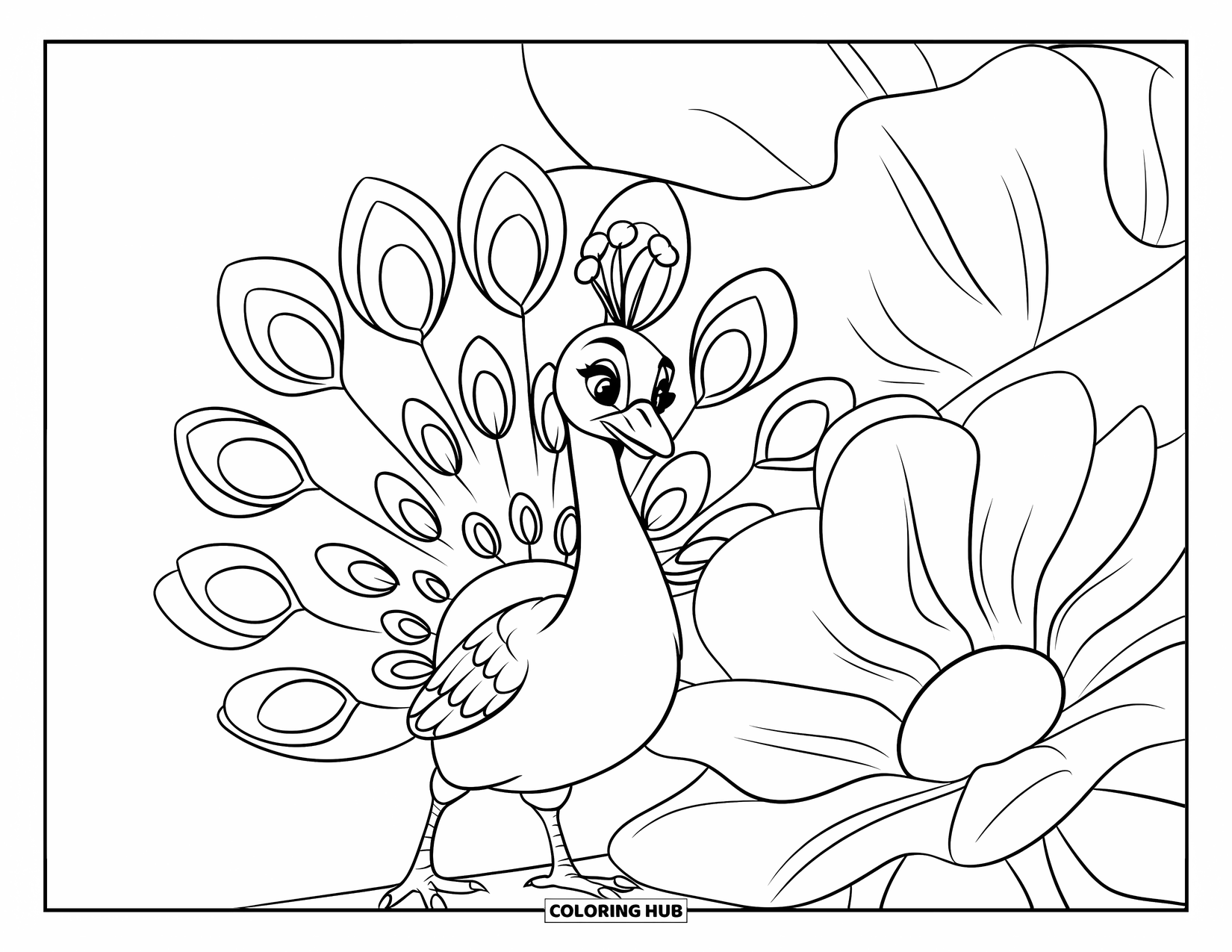 Disegno di pavone da colorare per bambini: Un pavone si erge accanto a un grande fiore, mostrando alcune grandi piume