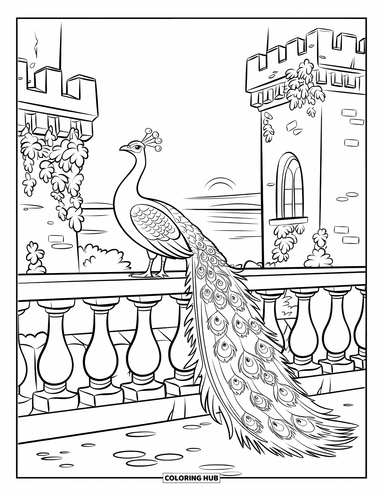 Disegno di pavone da colorare per bambini: Un pavone si erge sul balcone di un castello, mostrando la sua elegante coda