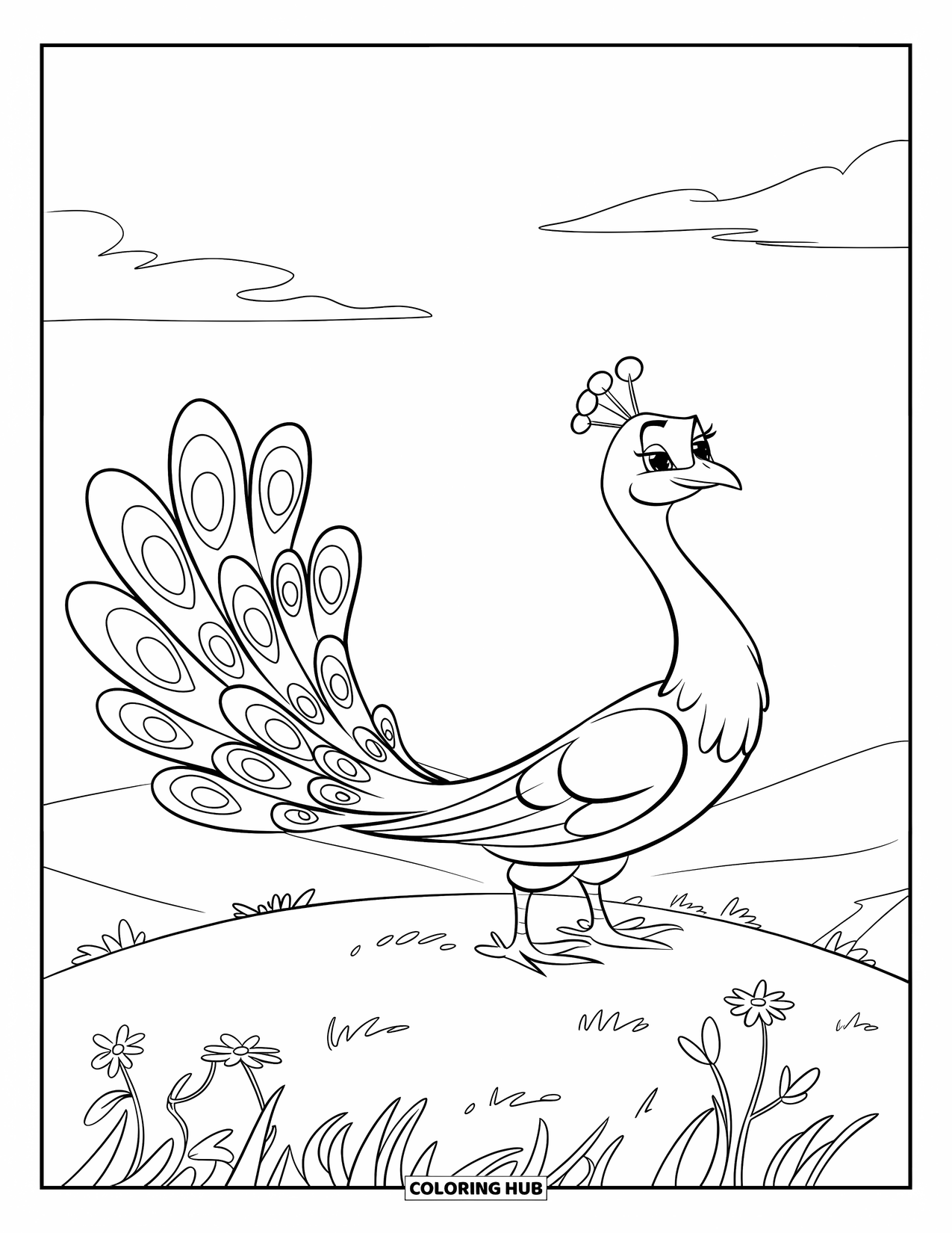 Disegno di pavone da colorare per bambini: Un pavone si erge su una collina con la coda spiegata e fiori di campo nelle vicinanze