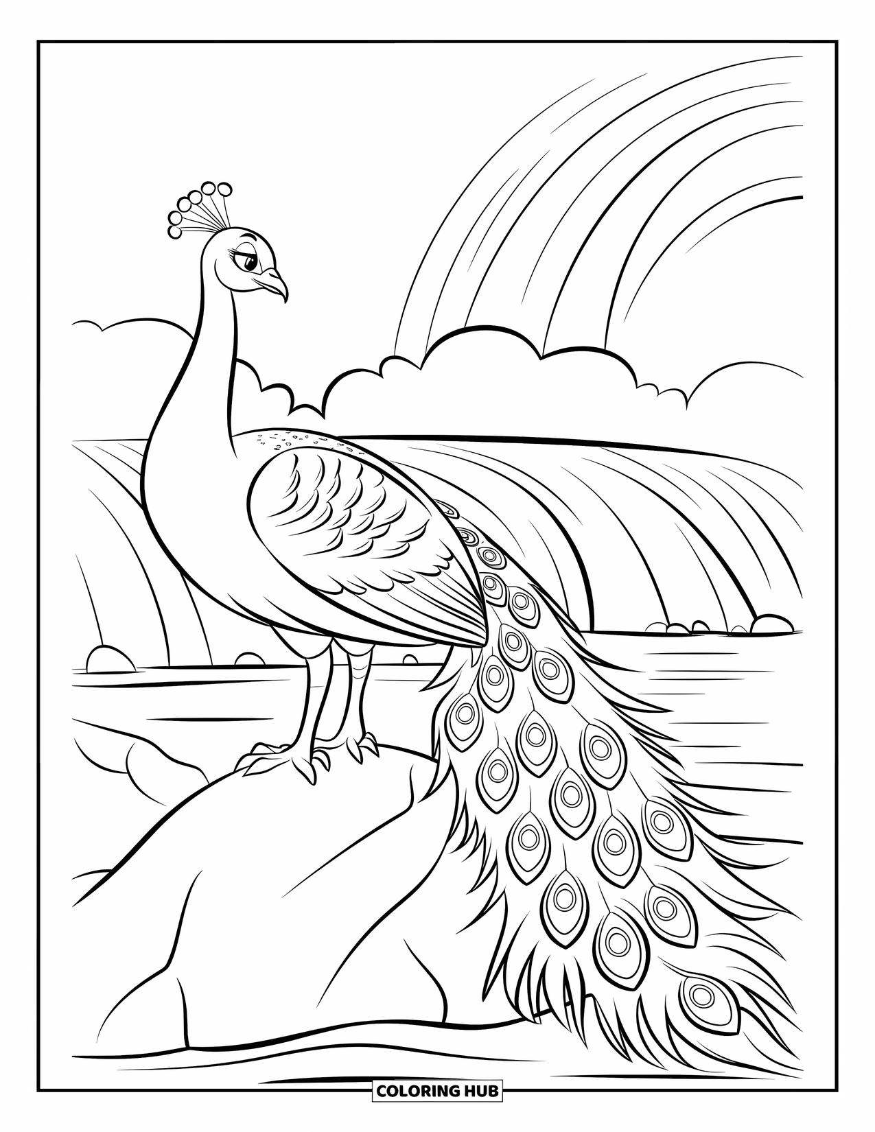Disegno di pavone da colorare per bambini: Un pavone si erge su una roccia vicino a una cascata, le sue piume arruffate dalla nebbia