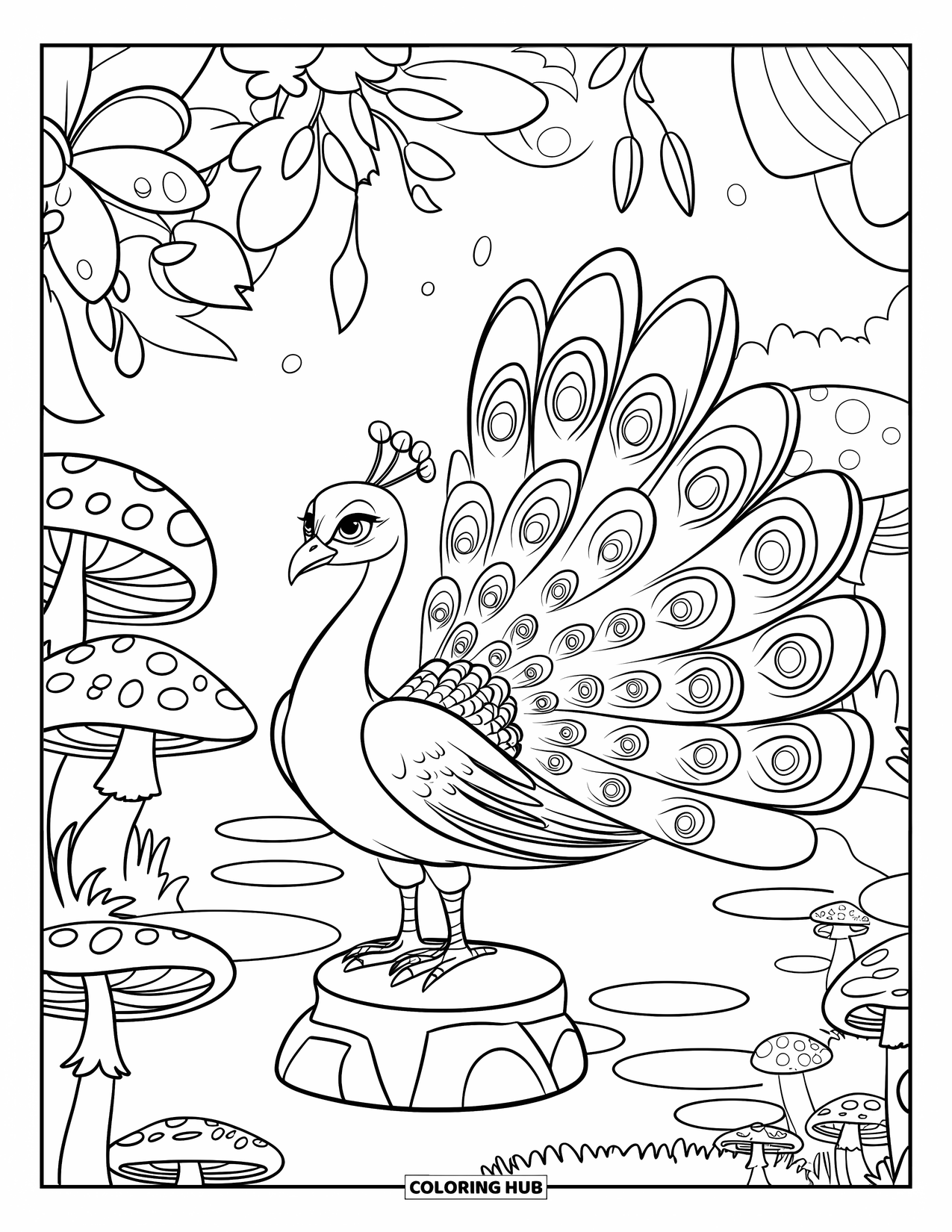 Disegno di pavone da colorare per bambini: Un pavone si erge su una base di pietra in un giardino di fiori e funghi giganti