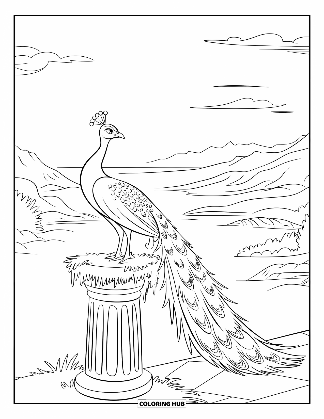 Disegno di pavone da colorare per bambini: Un pavone si erge su un piedistallo di pietra, affacciato su una valle nebbiosa e le montagne