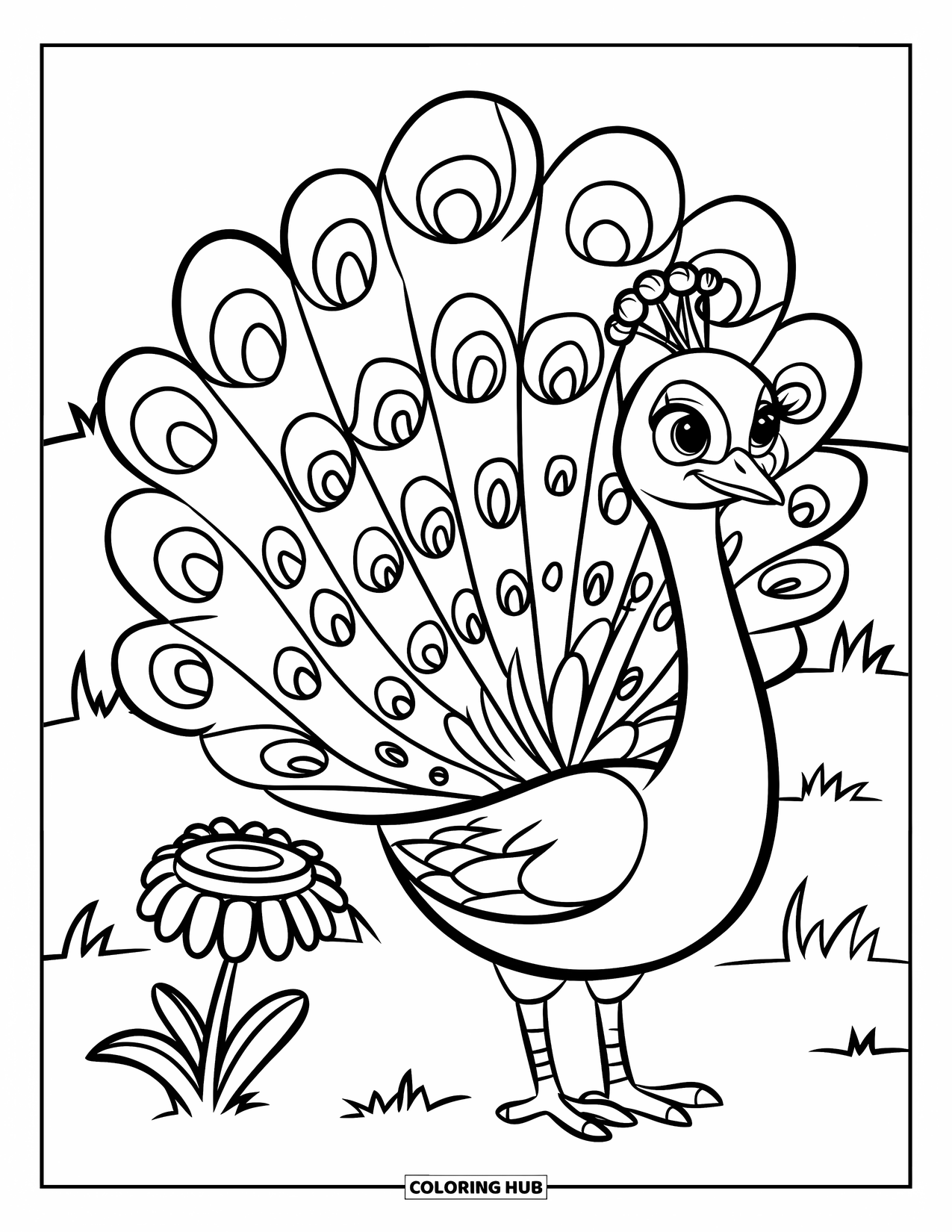 Disegno di pavone da colorare per bambini: Un pavone si erge orgogliosamente accanto a un piccolo fiore su un campo erboso