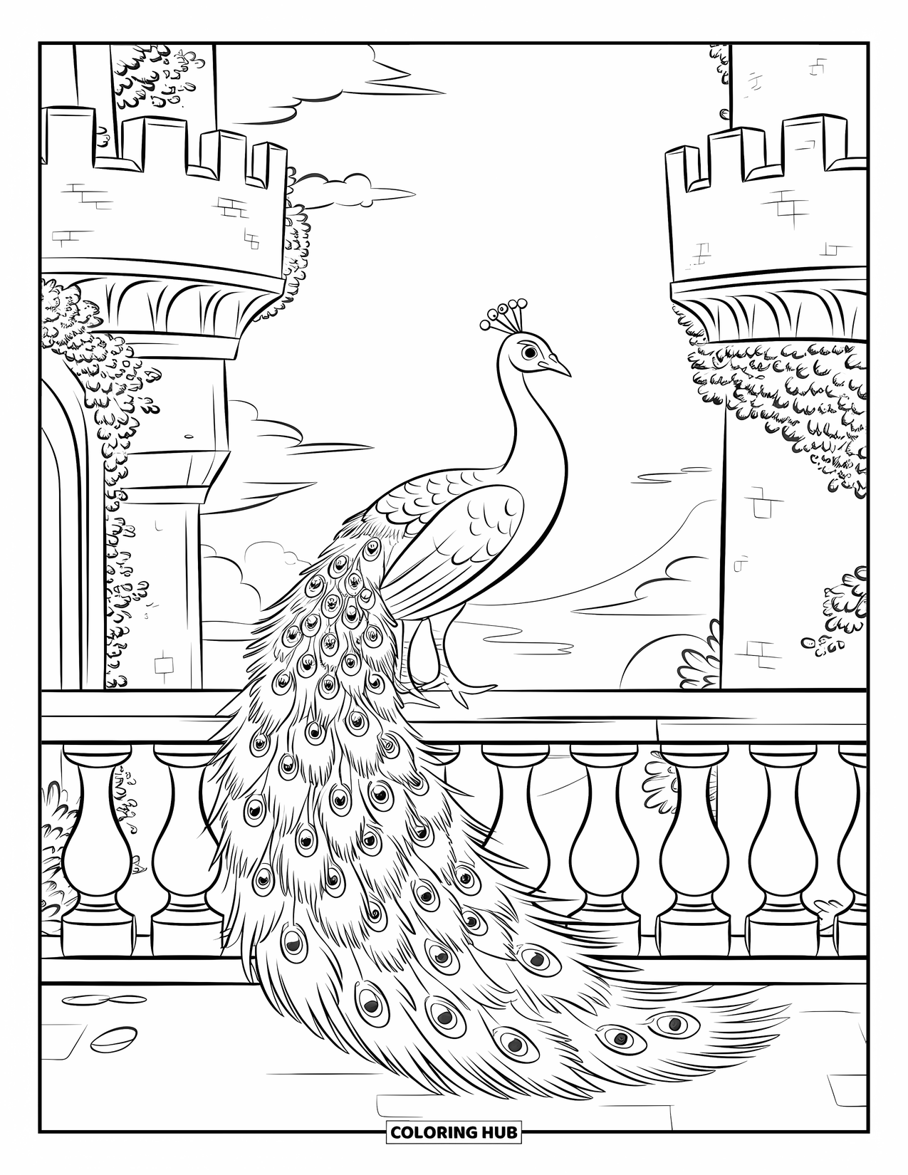 Disegno di pavone da colorare per bambini: Un pavone si erge orgogliosamente sul balcone di un castello con la coda drappeggiata sulla ringhiera