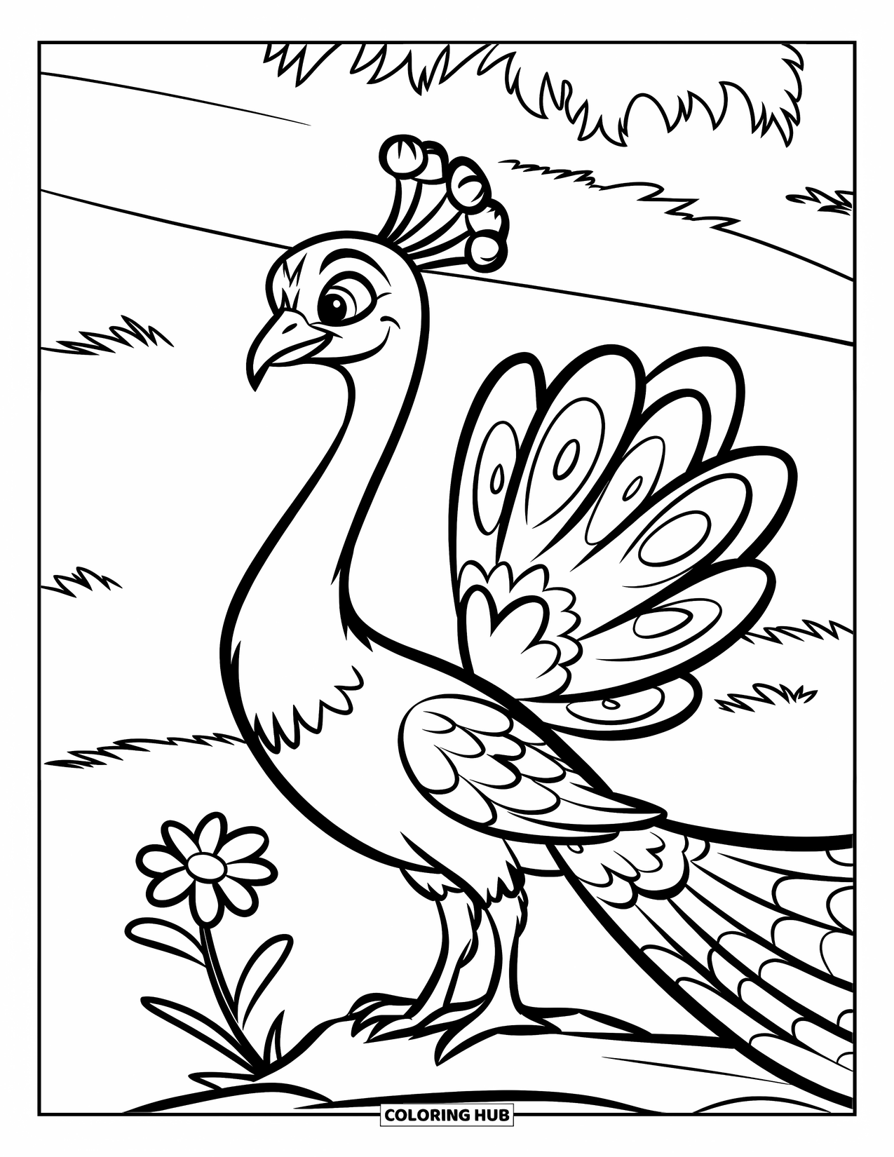 Disegno di pavone da colorare per bambini: Un pavone sta in piedi con un piccolo fiore davanti a sé