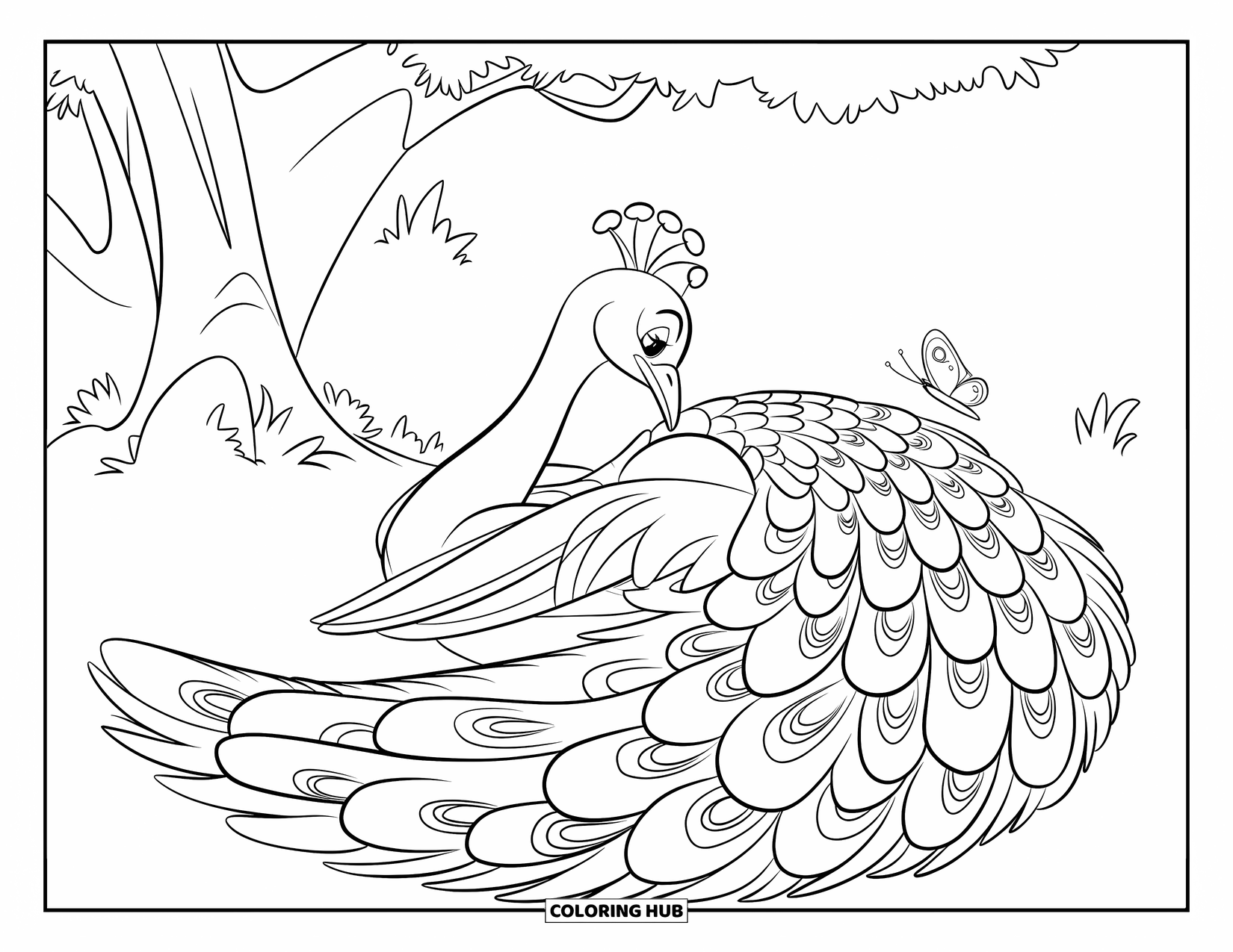 Disegno di pavone da colorare per bambini: Un pavone usa la sua coda come una coperta, rannicchiato sotto un albero ombroso