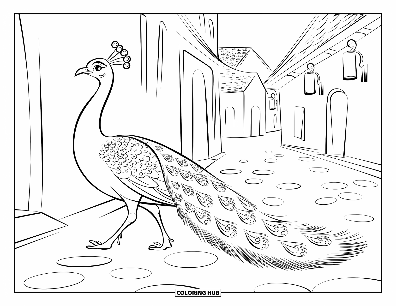 Disegno di pavone da colorare per bambini: Un pavone cammina elegantemente su un sentiero acciottolato in un villaggio incantevole