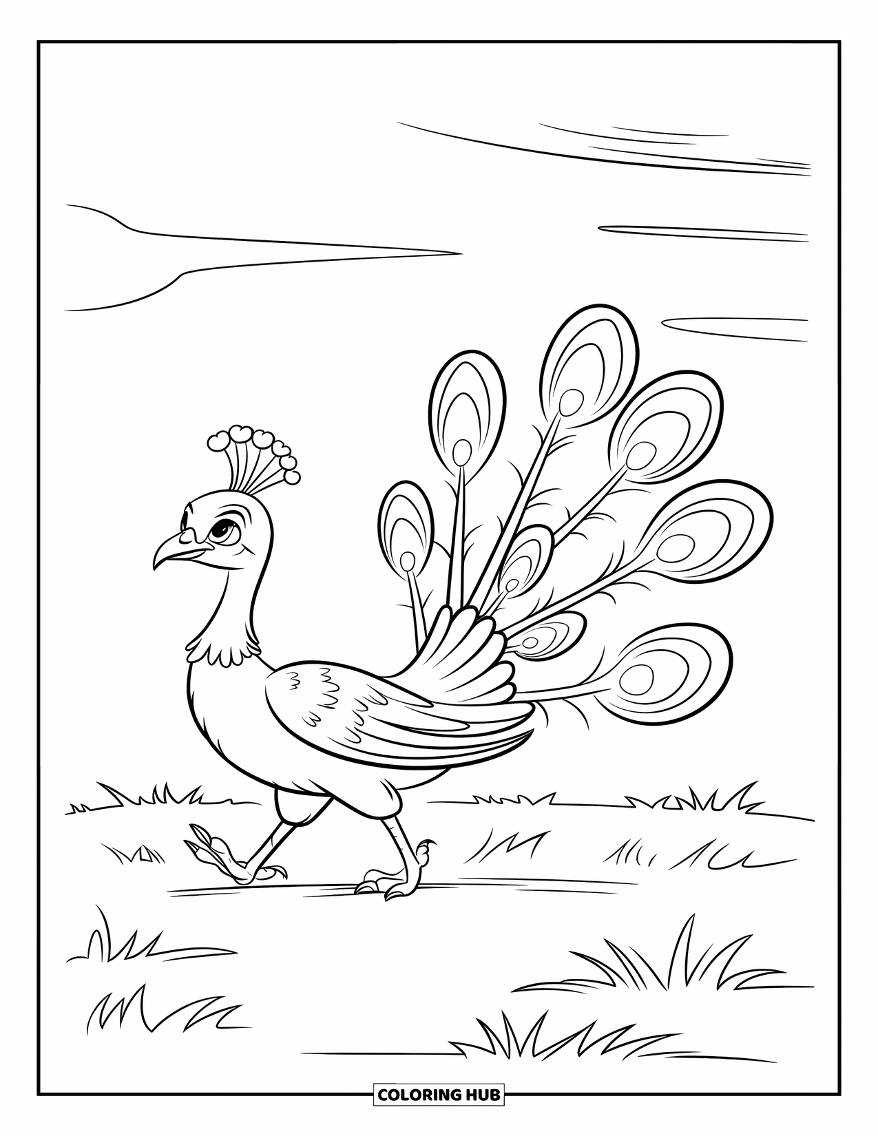 Disegno di pavone da colorare per bambini: Un pavone cammina con piccoli piedi, mostrando cinque piume audaci sulla sua coda