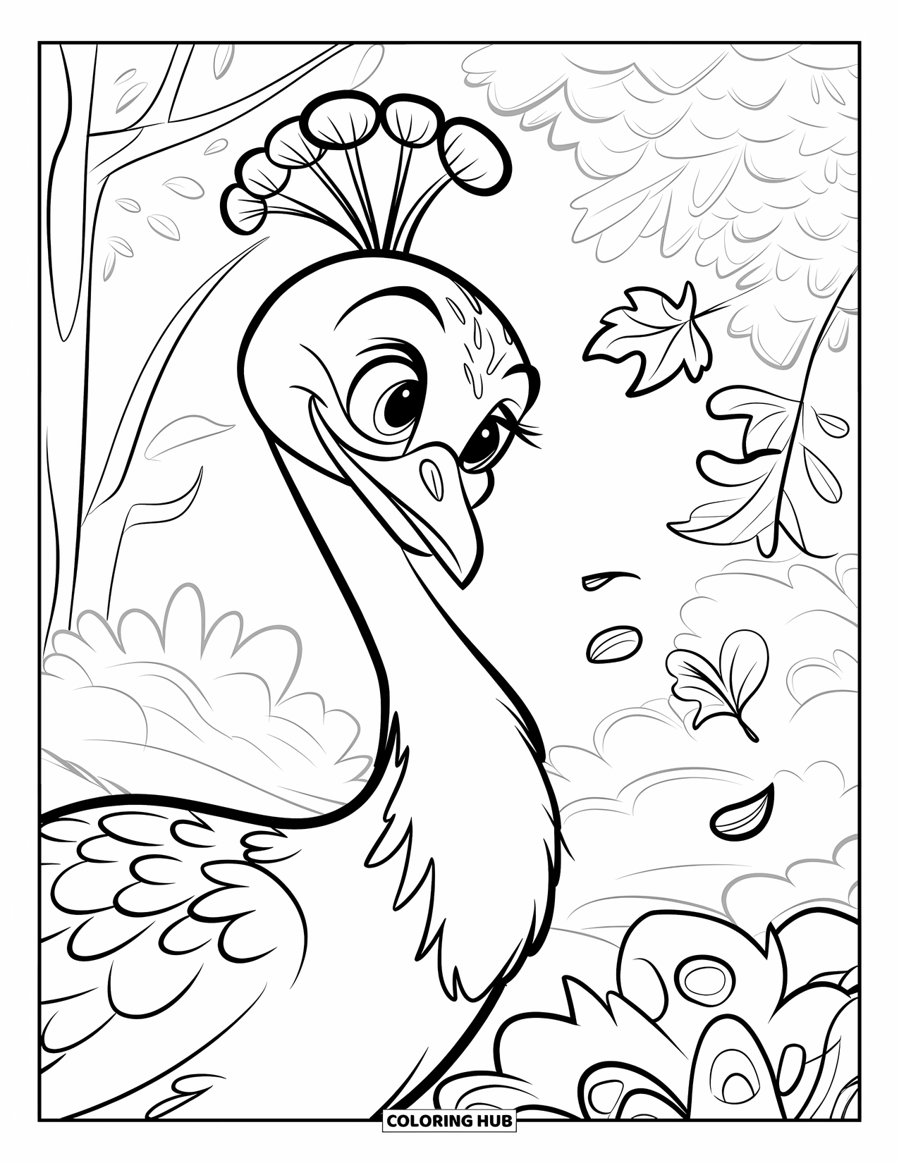 Disegno di pavone da colorare per bambini: Un pavone osserva le foglie autunnali che cadono con curiosità tra alberi con fogliame vorticoso