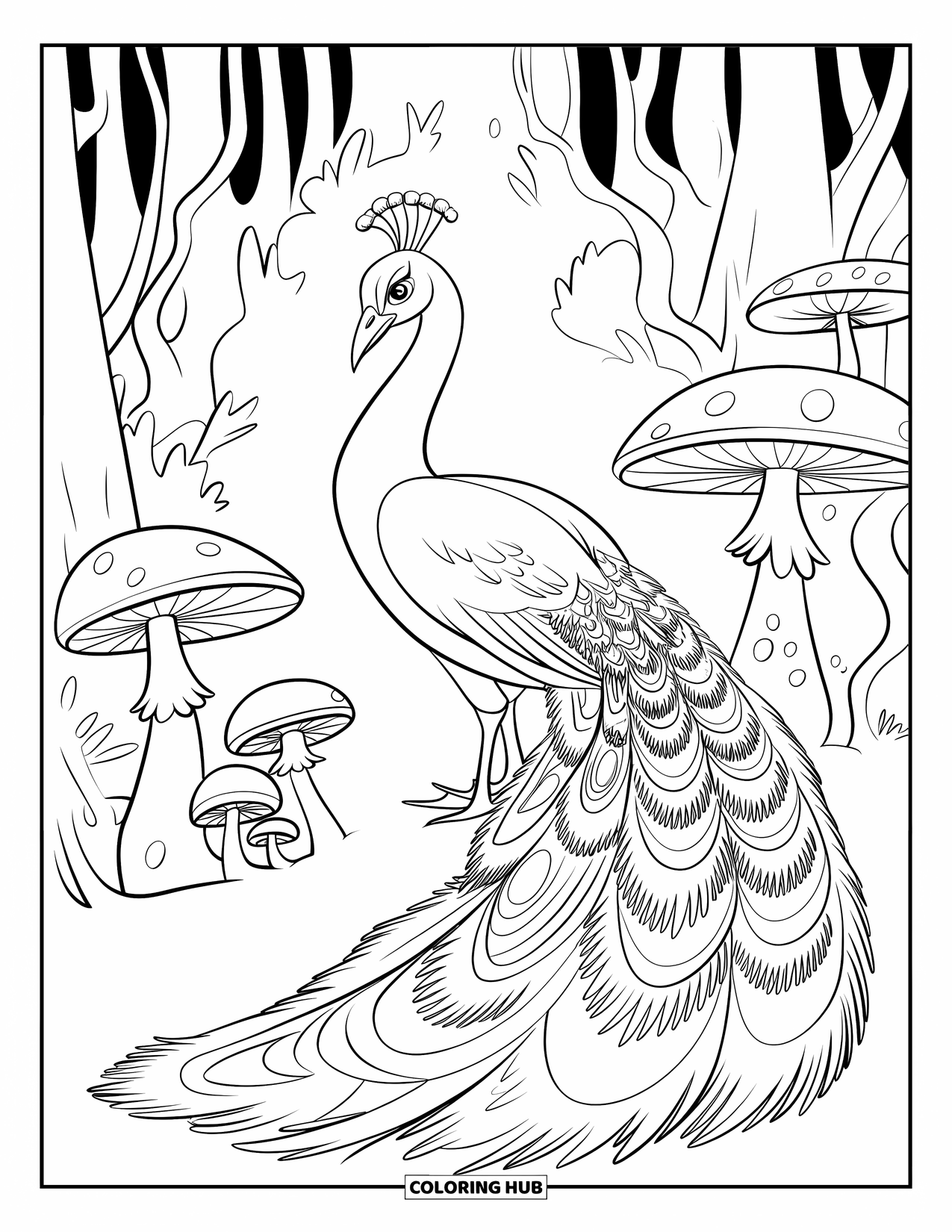 Disegno di pavone da colorare per bambini: Un pavone con una coda luminosa si erge con grazia tra funghi incantati