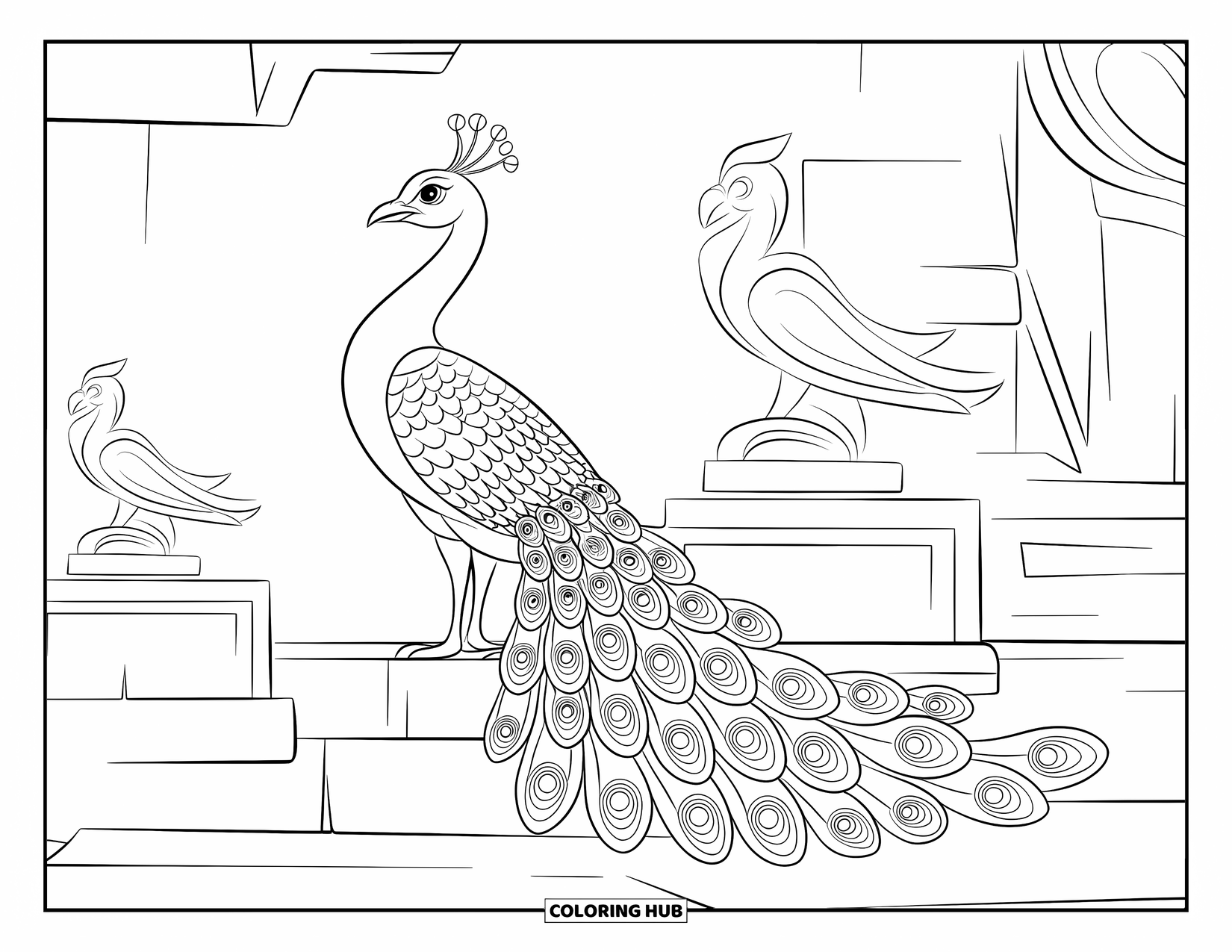 Disegno di pavone da colorare per bambini: Un pavone con una coda decorata si erge con grazia nel cortile di un antico tempio