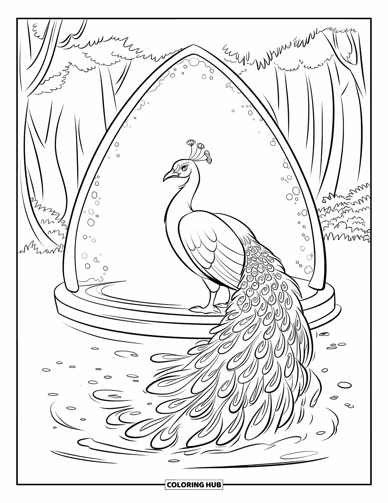 Disegno di pavone da colorare per bambini: Un pavone con una coda increspata si erge con grazia davanti a un portale luminoso