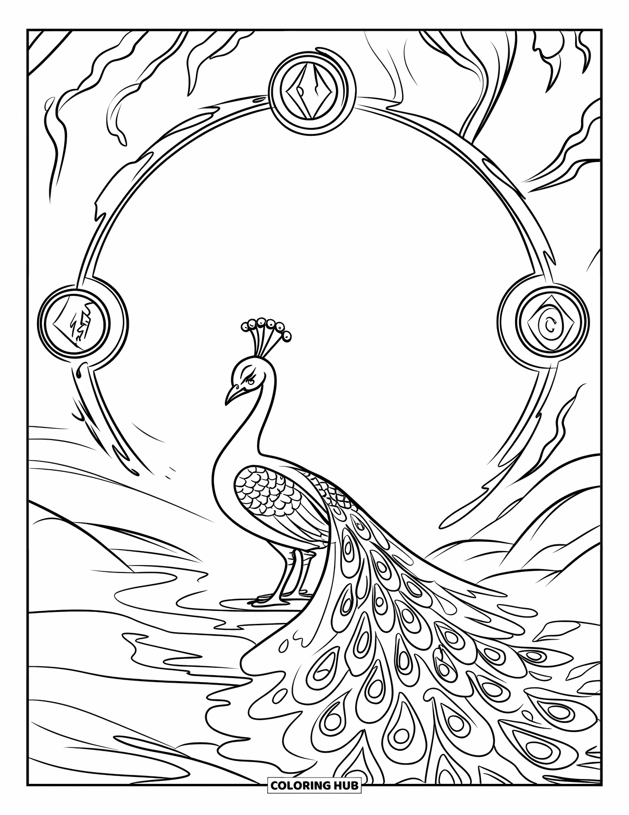 Disegno di pavone da colorare per bambini: Un pavone con una coda increspata si erge con grazia vicino a un portale luminoso