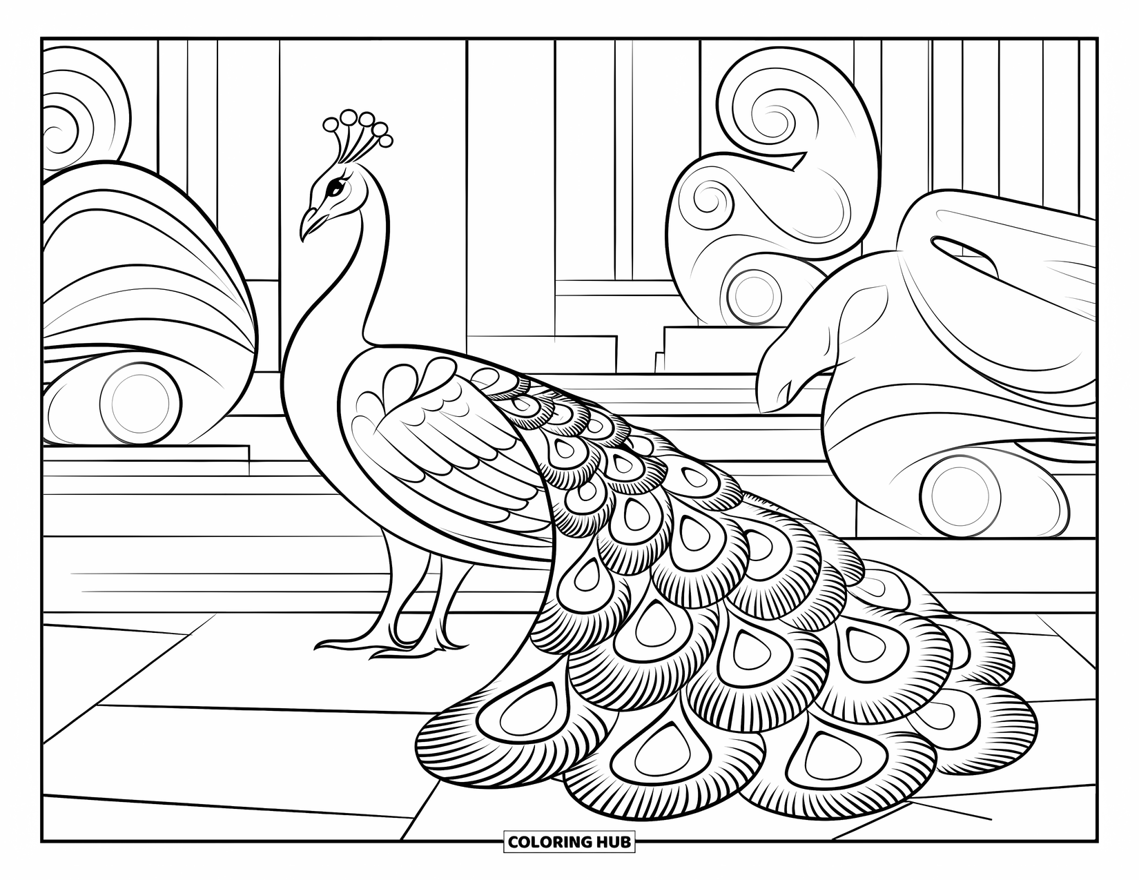 Disegno da colorare di un pavone per bambini: Un pavone con una coda a motivi sacri si erge tra statue di pietra in un tempio