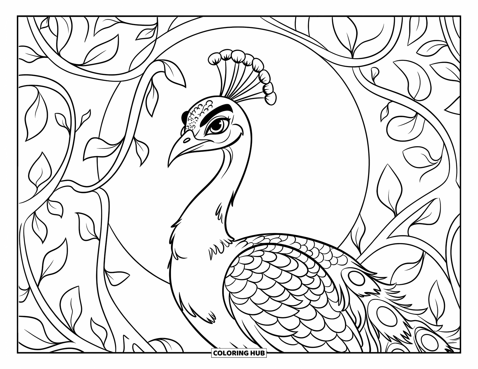 Disegno di pavone da colorare per bambini: Un pavone con uno sguardo intenso si erge tra delicate viti in un giardino illuminato dalla luna