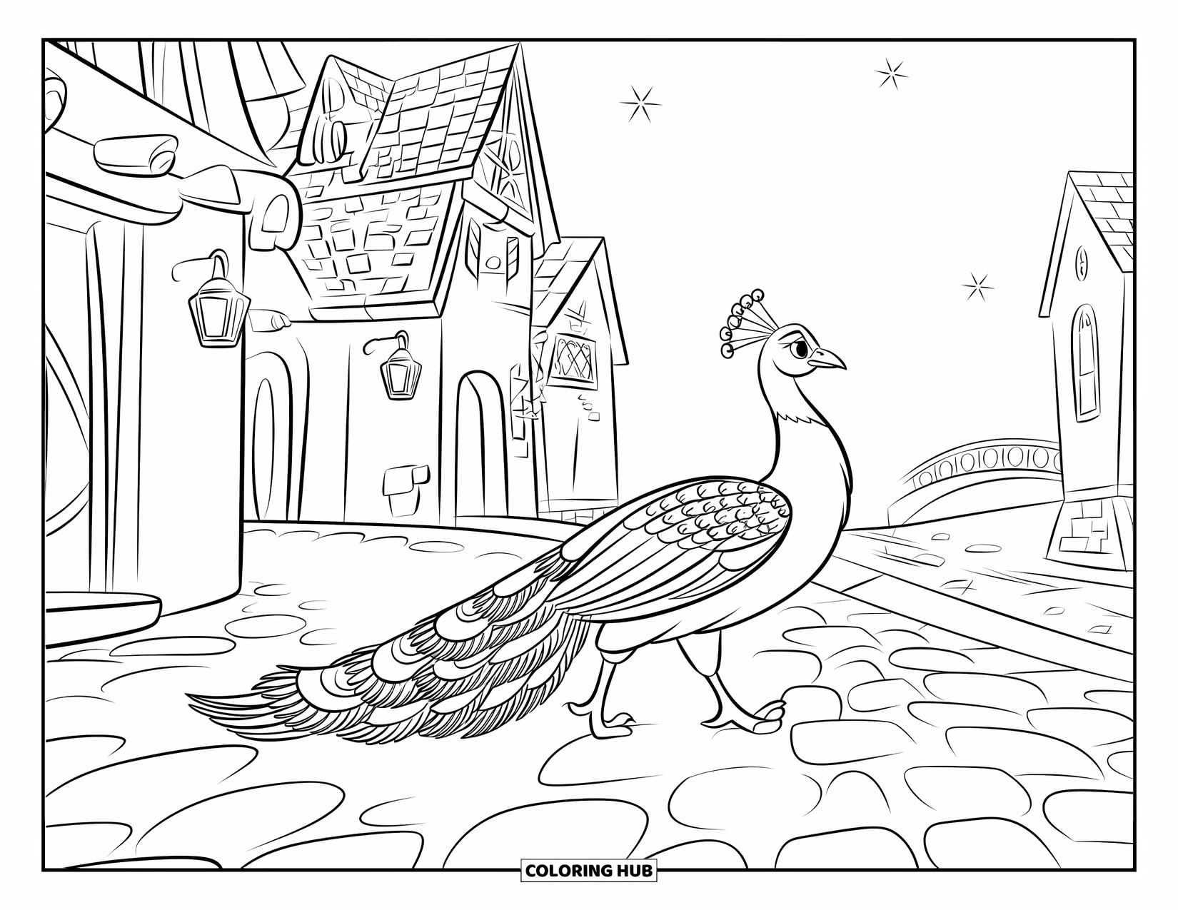 Disegno di pavone da colorare per bambini: Un pavone con delicati motivi sulla coda cammina con grazia attraverso un villaggio