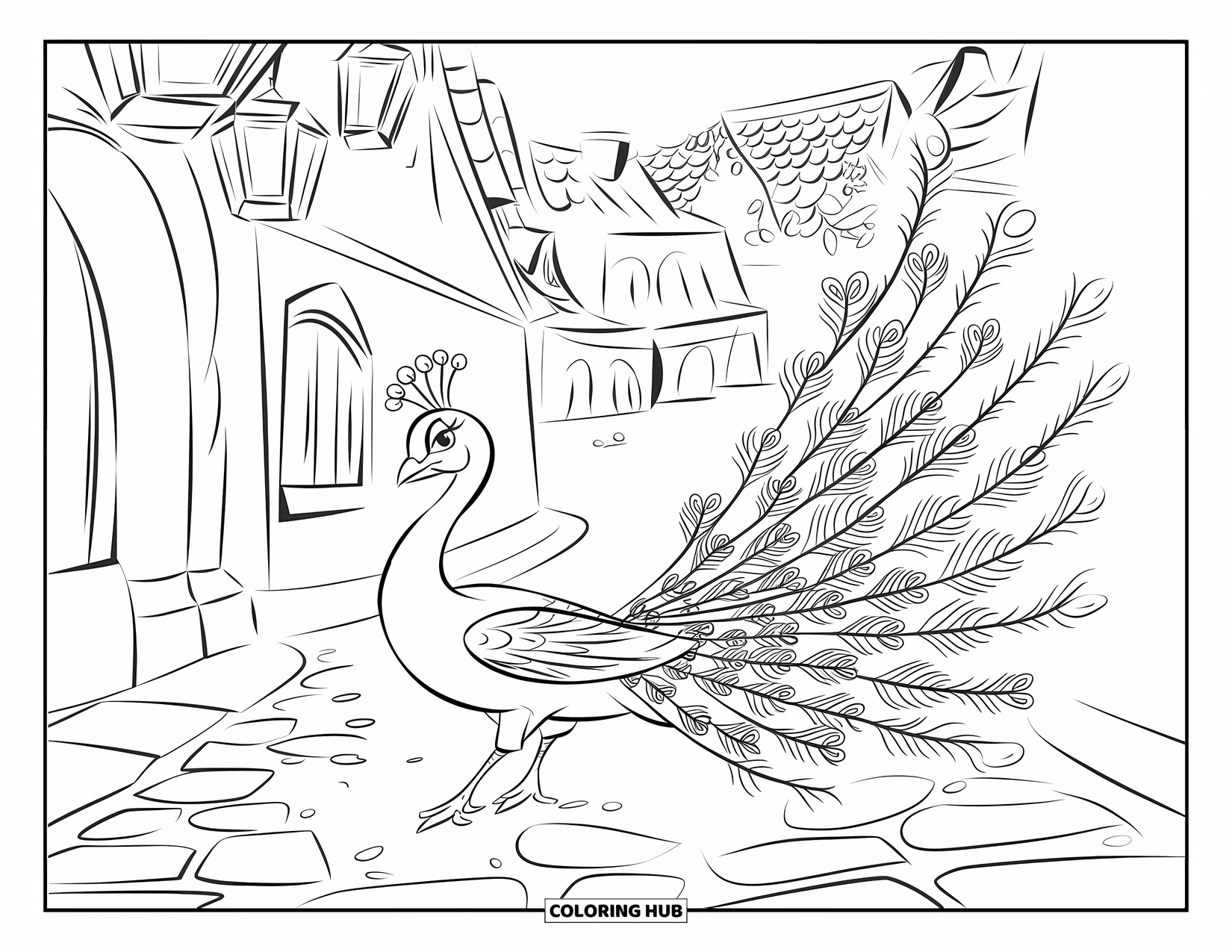 Disegno da colorare di un pavone per bambini: Un pavone con piume a filigrana cammina con grazia in un antico villaggio europeo