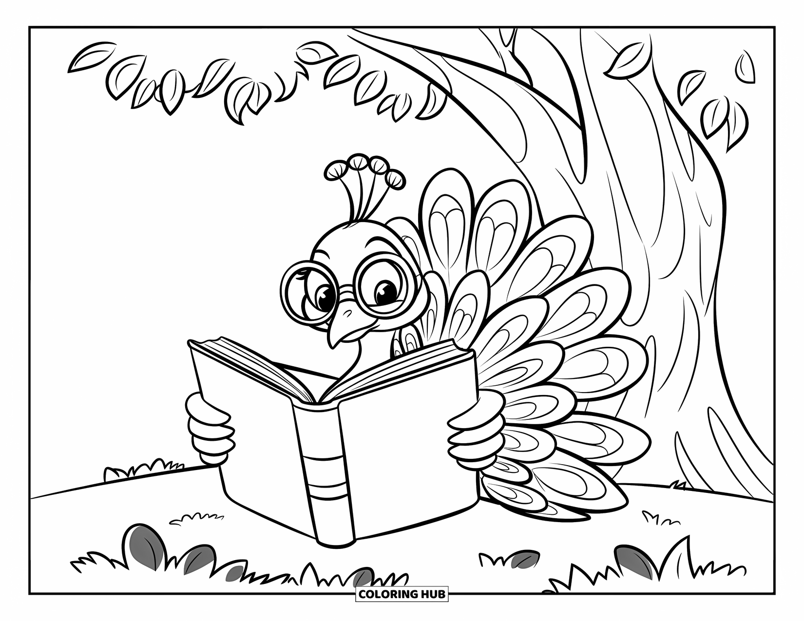 Disegno da colorare di un pavone per bambini: Un pavone con gli occhiali si gode un libro all'ombra di un albero