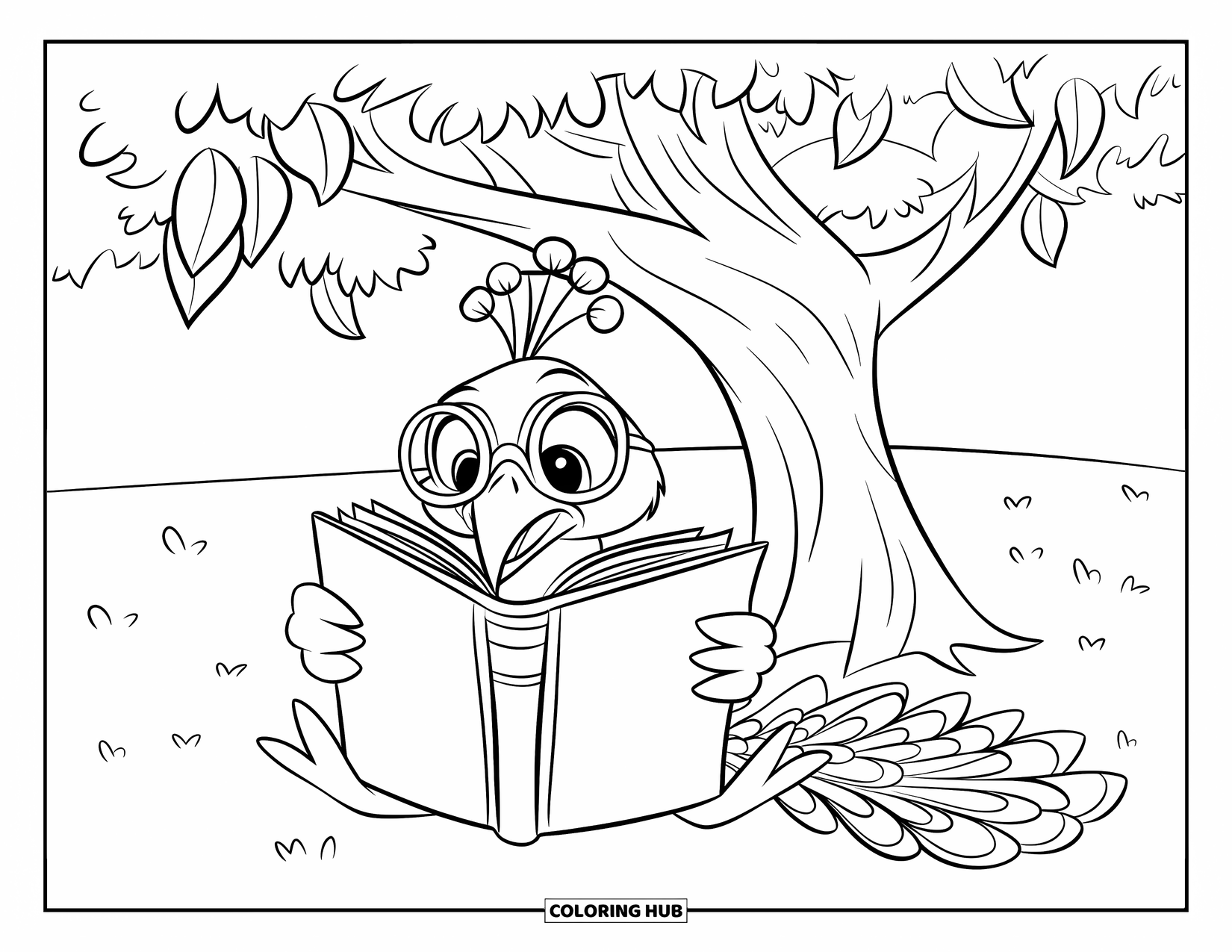 Disegno di pavone da colorare per bambini: Un pavone con gli occhiali legge un libro sotto un albero ombroso