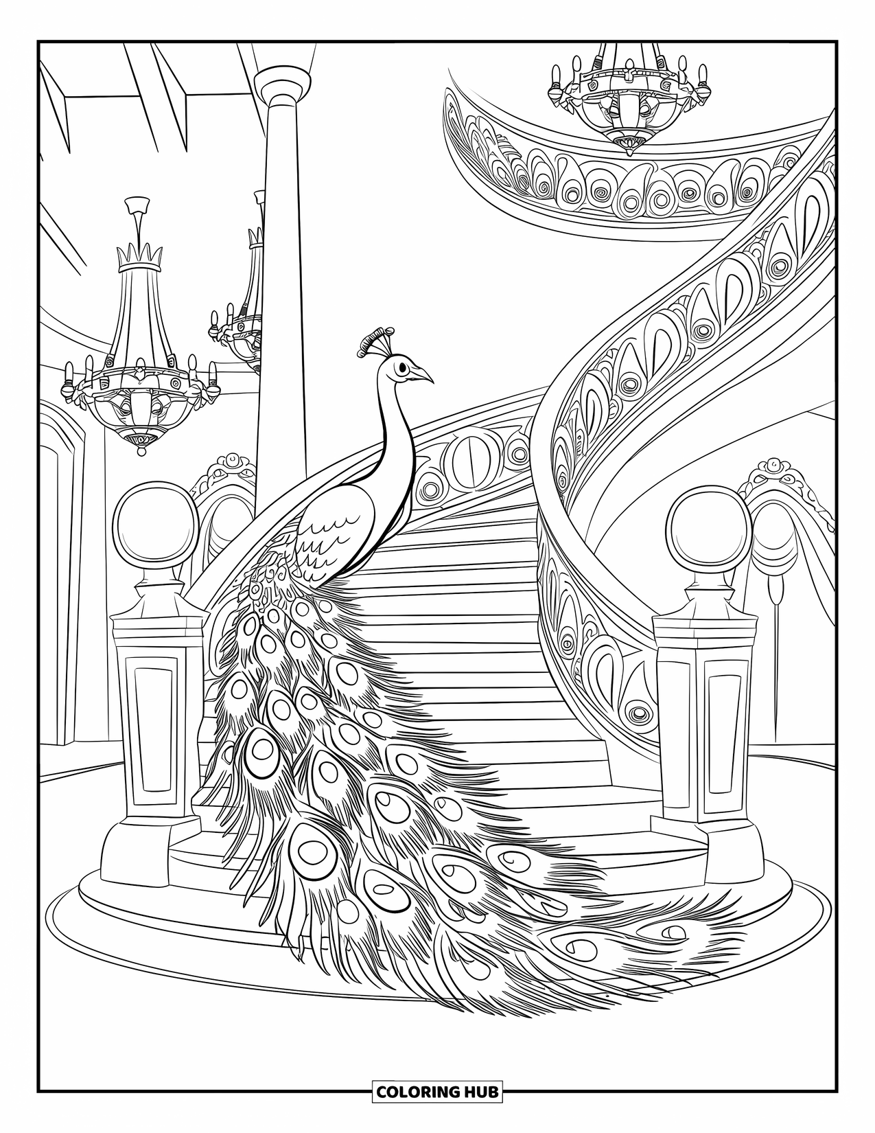 Disegno di pavone da colorare per bambini: Un pavone con piume intricate si erge con grazia sulla scala a chiocciola di un palazzo