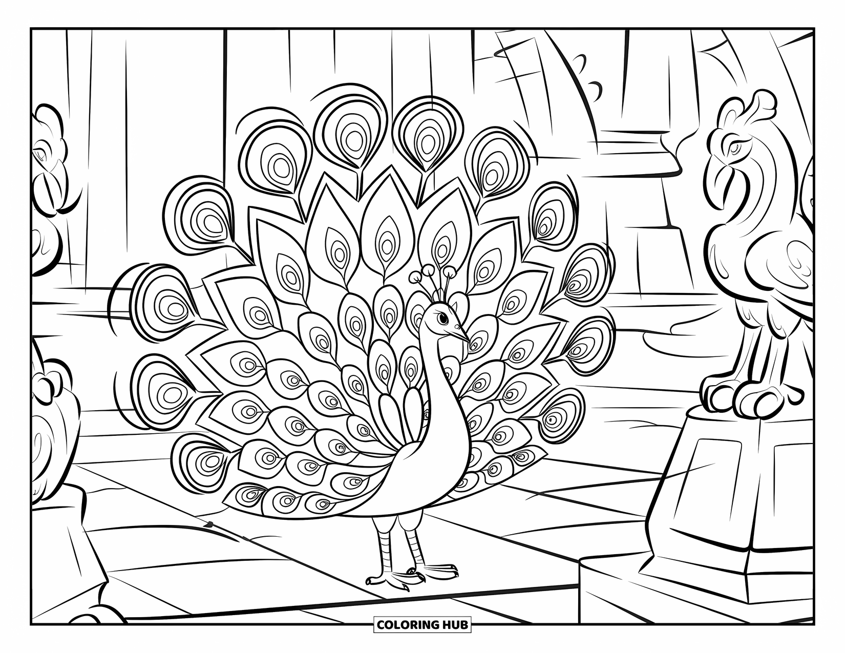 Disegno di pavone da colorare per bambini: Un pavone con intricati disegni sulla coda si erge con grazia nel cortile di un tempio