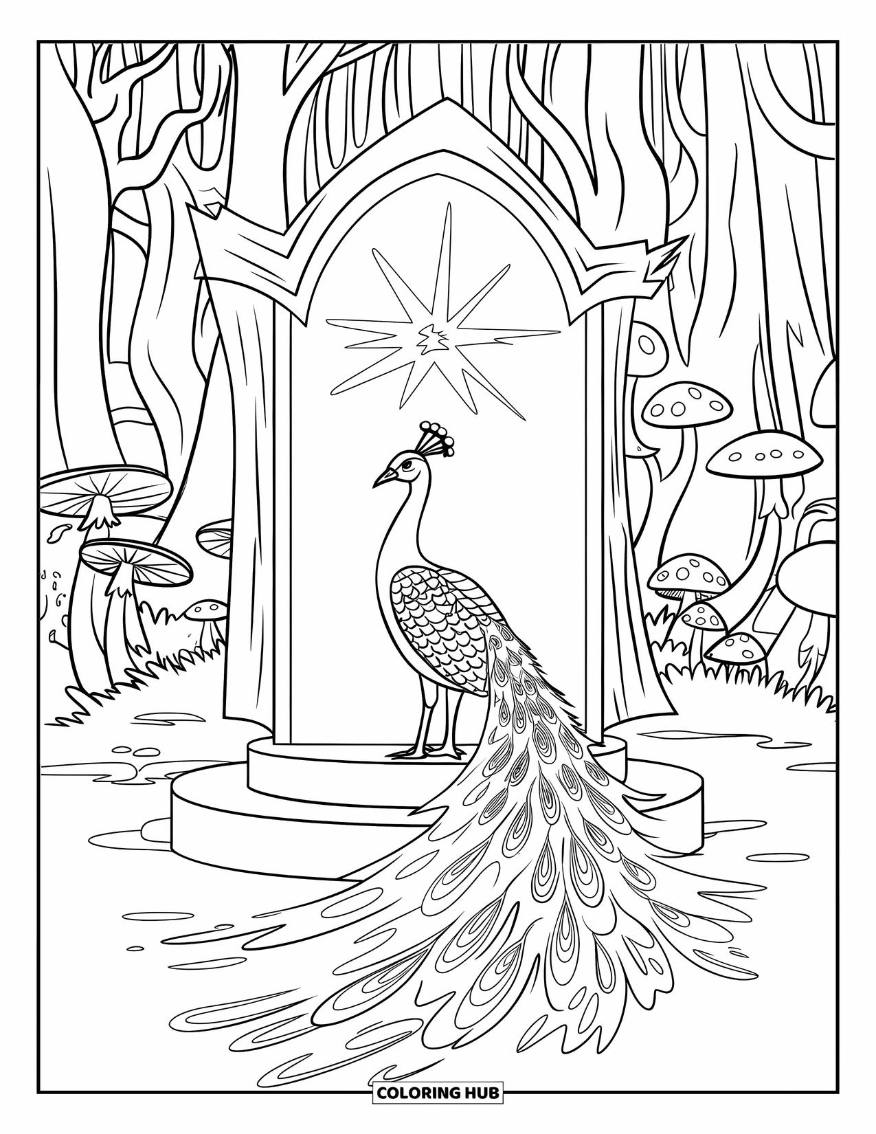 Disegno di pavone da colorare per bambini: Un pavone con piume spiegate si erge davanti a un portale luminoso in una foresta magica