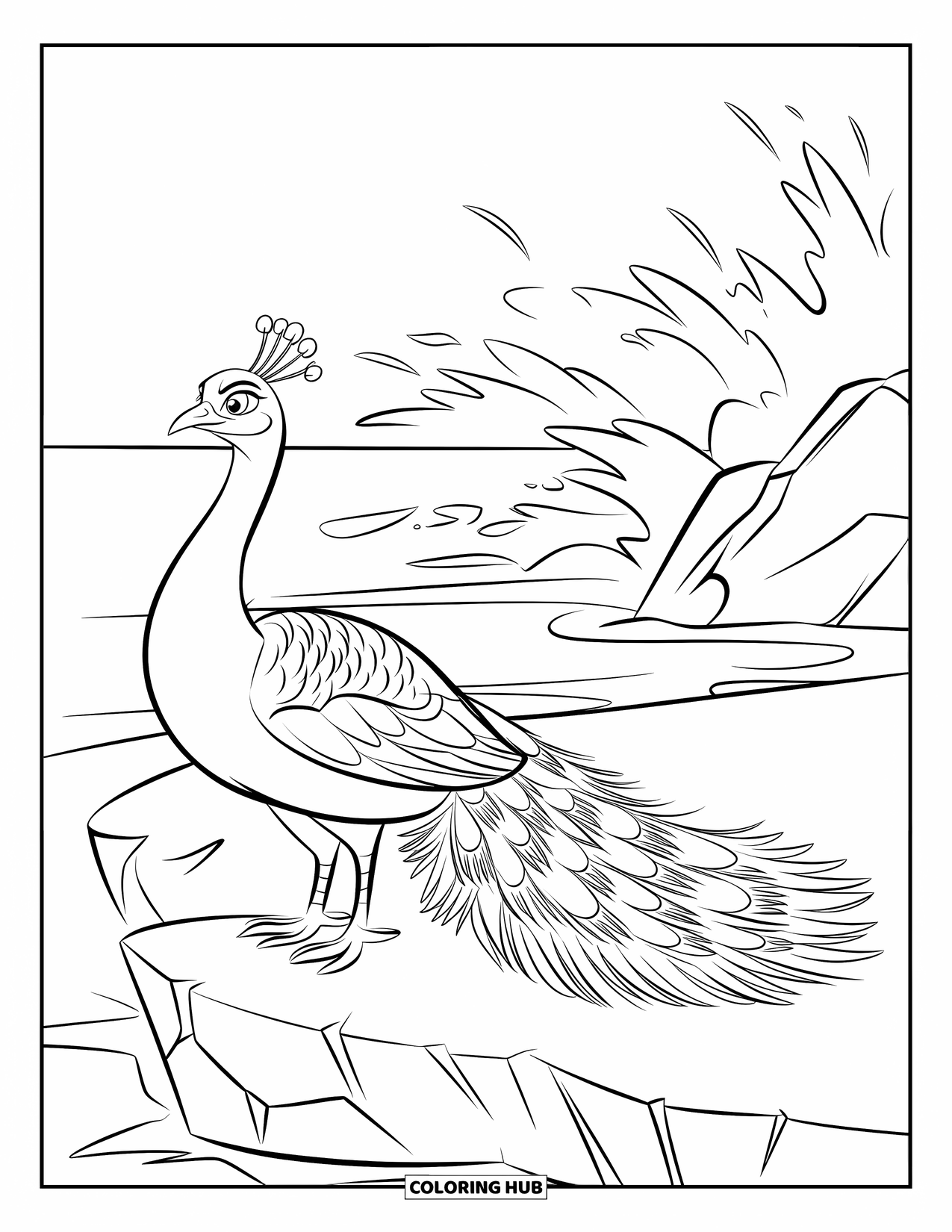 Disegno di pavone da colorare per bambini: Un pavone con piume spiegate si erge vicino a onde impetuose su una costa rocciosa