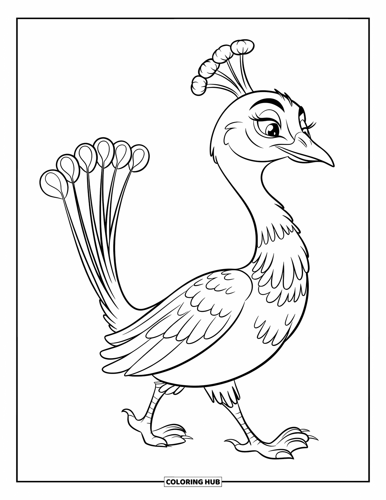 Disegno di pavone da colorare per bambini: Un pavone con piccoli piedi cammina felicemente con cinque piume audaci