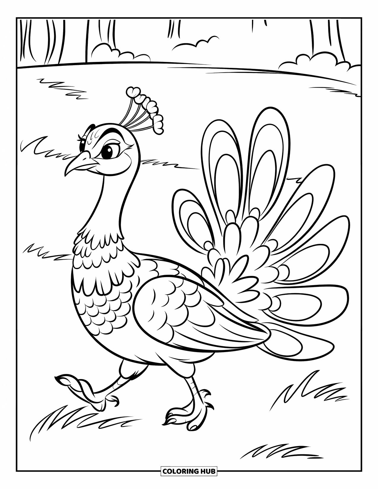 Disegno di pavone da colorare per bambini: Un pavone con piccoli piedi cammina su un campo erboso con cinque piume audaci