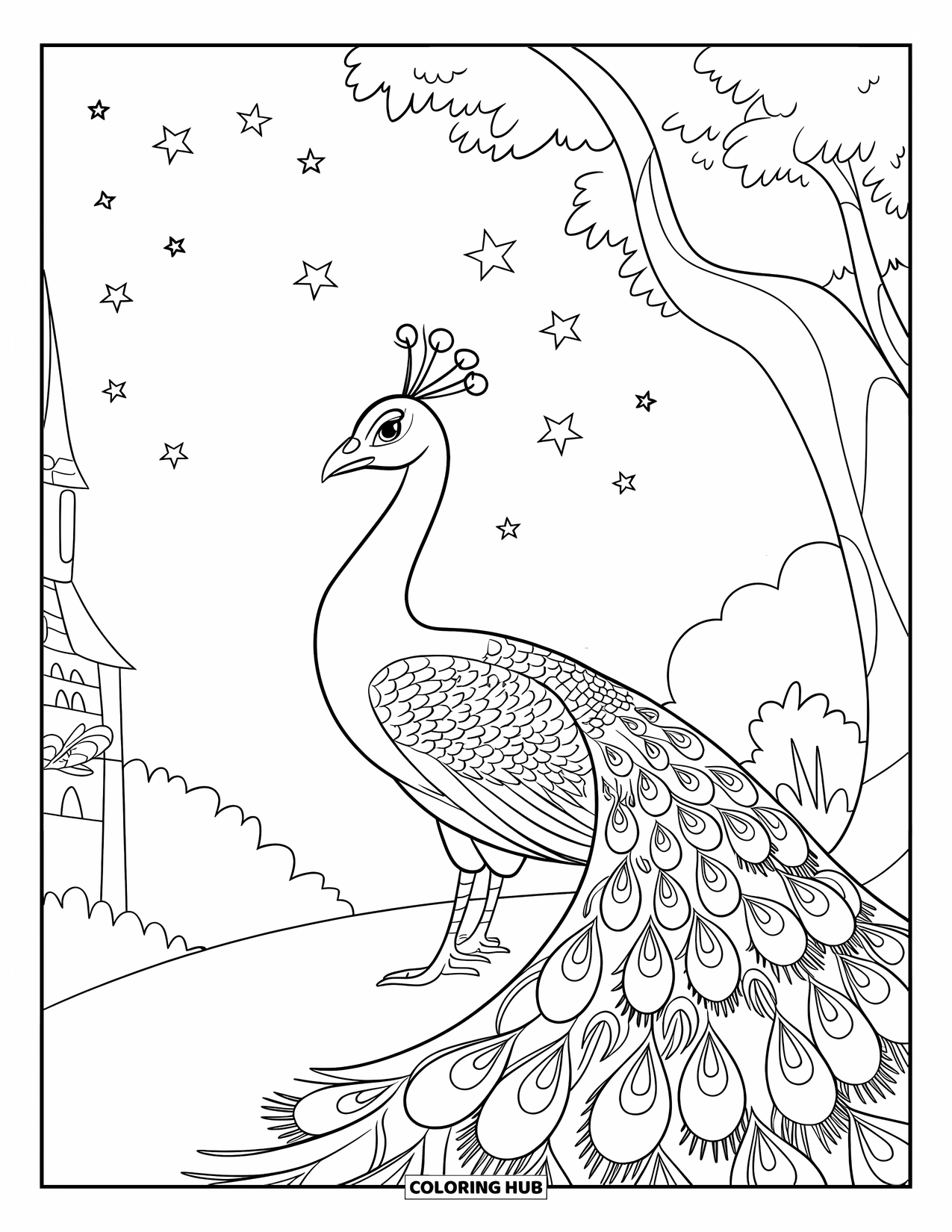 Disegno di pavone da colorare per bambini: Le piume di un pavone si fondono con le stelle mentre le lucciole danzano intorno in una scena notturna da sogno