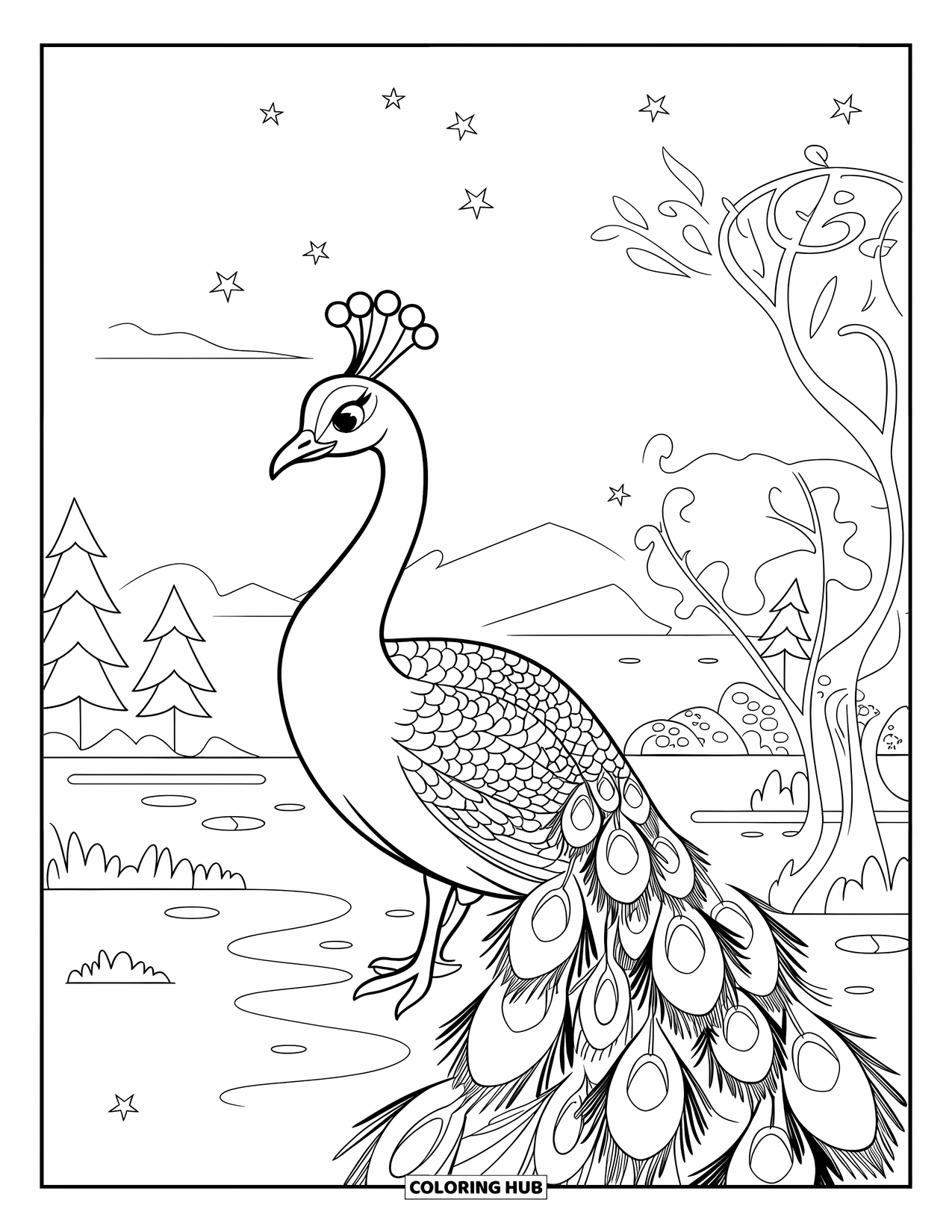 Disegno di pavone da colorare per bambini: Le piume di un pavone si fondono con le stelle mentre le lucciole danzano in un sereno paesaggio notturno