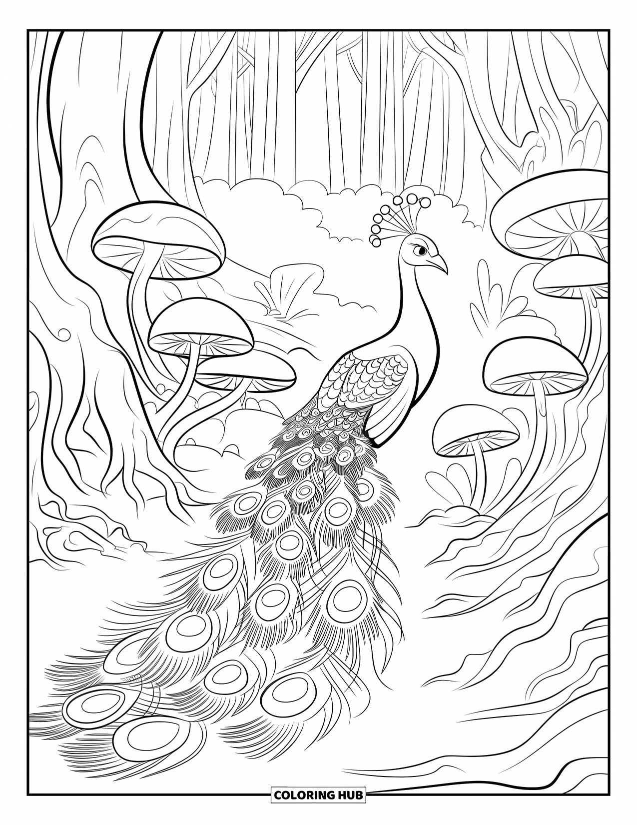 Disegno di pavone da colorare per bambini: Un pavone regale si erge con grazia in una fitta foresta con funghi luminosi