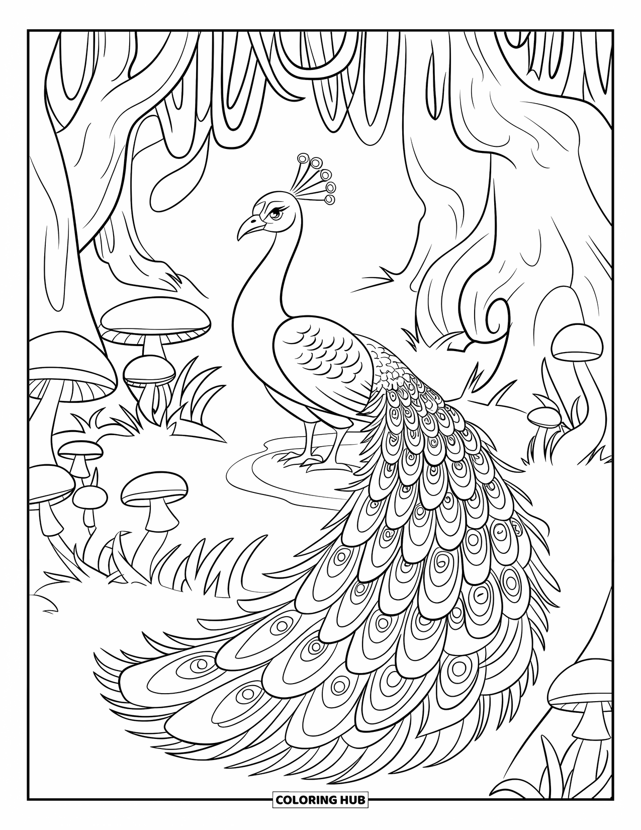 Disegno di pavone da colorare per bambini: Un pavone regale con una coda luminosa si erge in una foresta incantata
