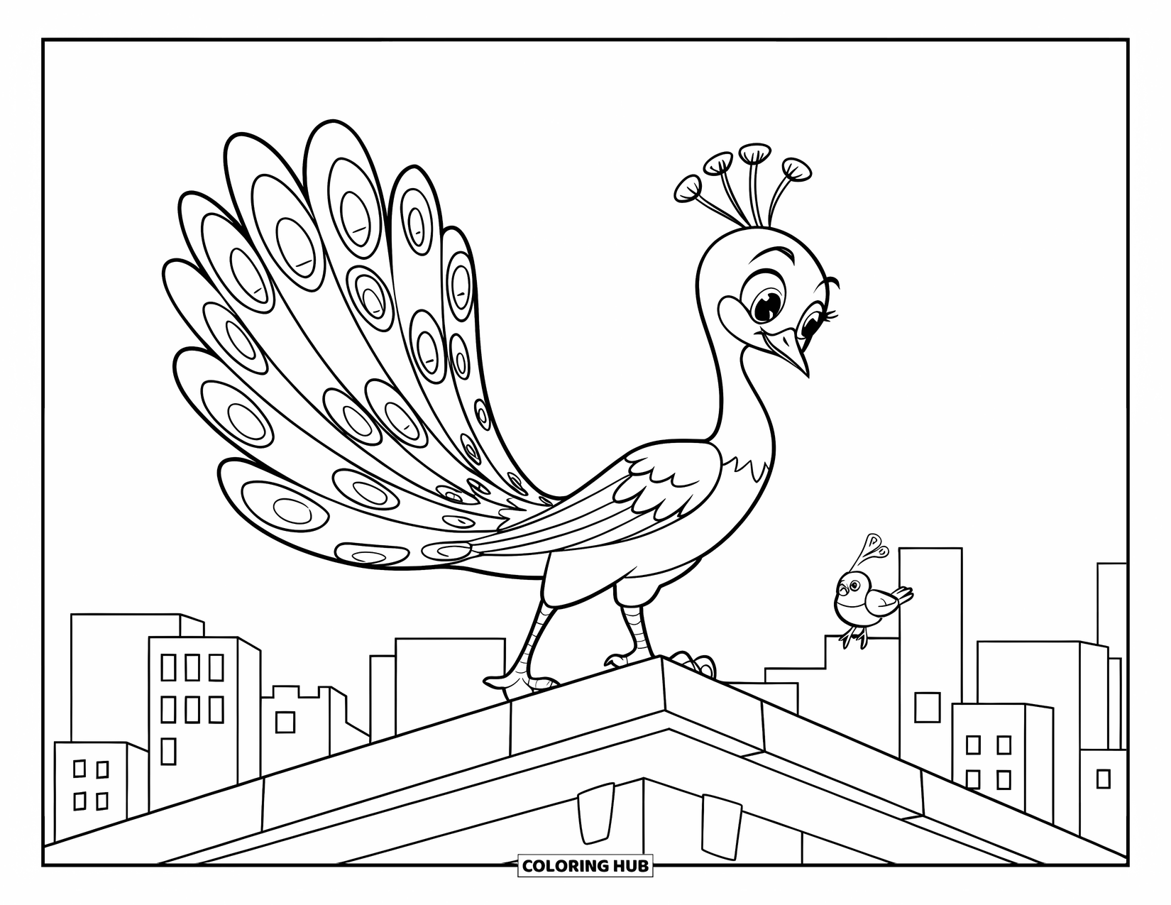 Disegno di pavone da colorare per bambini: Un pavone supereroe si erge audacemente su un tetto, la sua coda si apre come un mantello