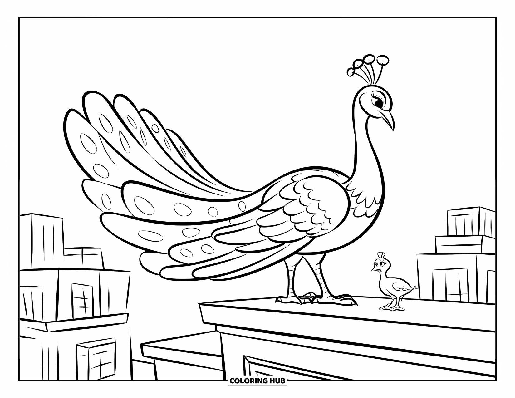 Disegno da colorare di un pavone per bambini: Un pavone supereroe sta eroicamente su un tetto con la coda aperta a ventaglio