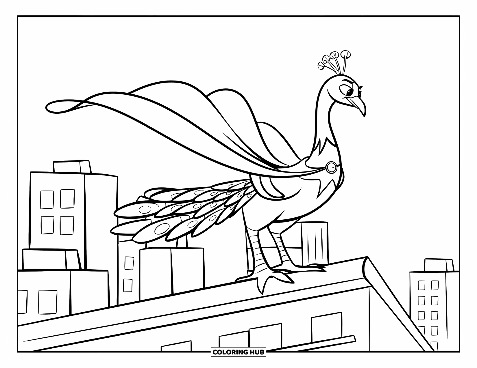 Disegno di pavone da colorare per bambini: Un pavone supereroe si erge su un tetto, guardando in basso un piccolo uccello bisognoso