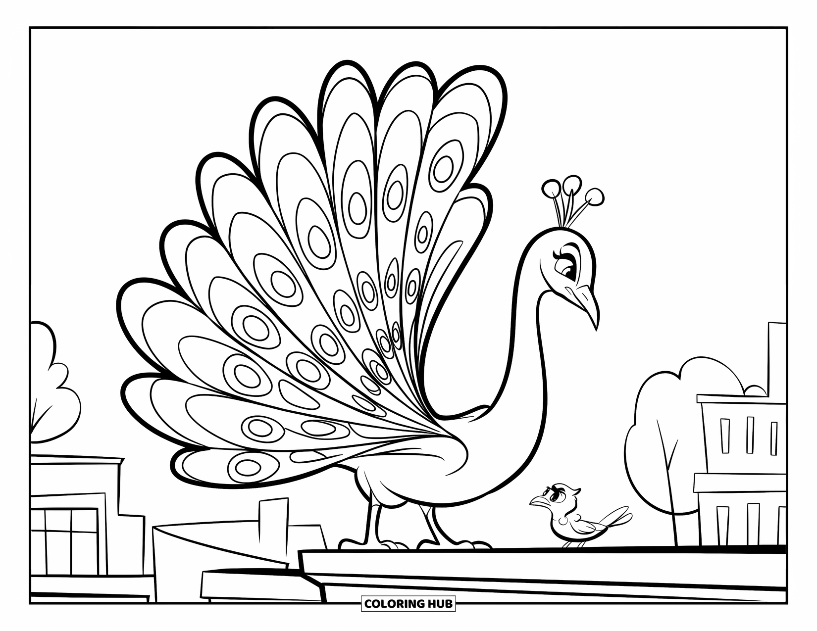 Disegno di pavone da colorare per bambini: Un pavone supereroe si erge su un tetto, pronto a salvare un piccolo uccello