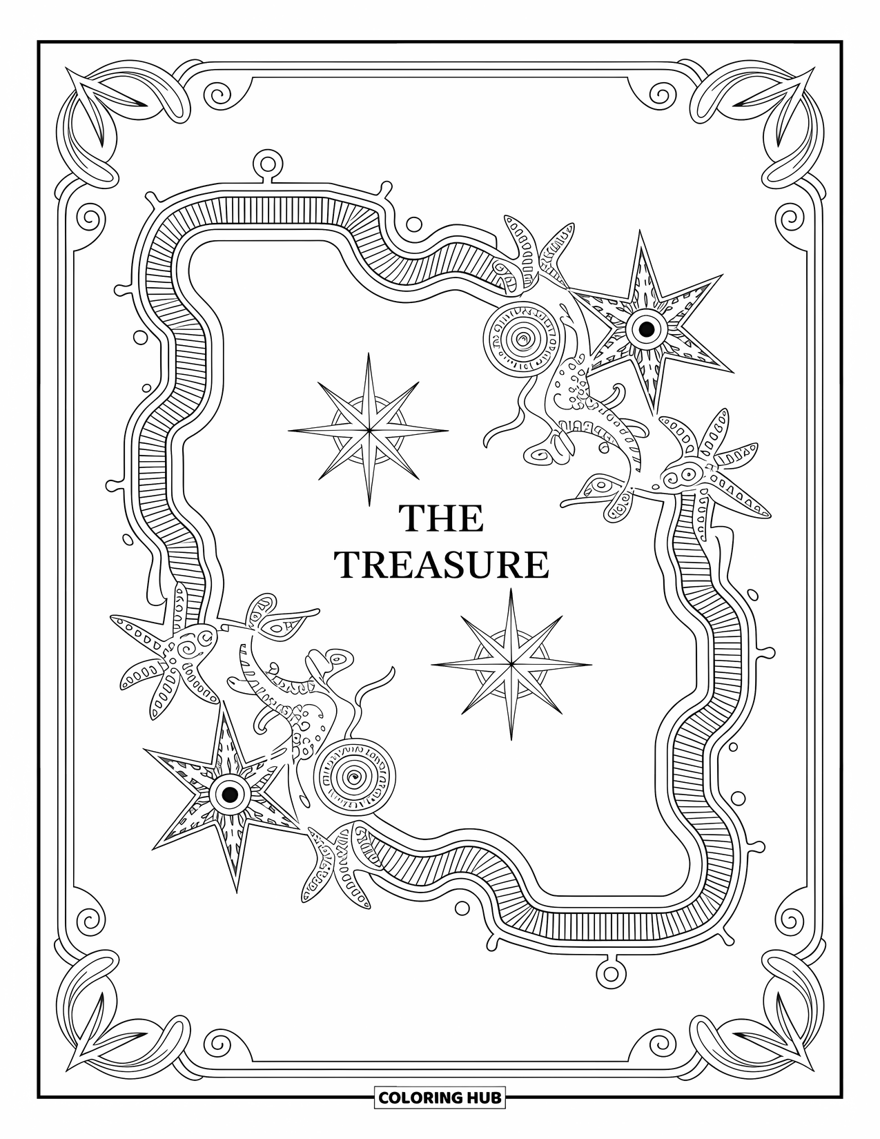 Kolorowanka z piratami dla dorosłych: Szczegółowa mapa skarbów ze stworzeniami morskimi i ozdobnymi obramowaniami