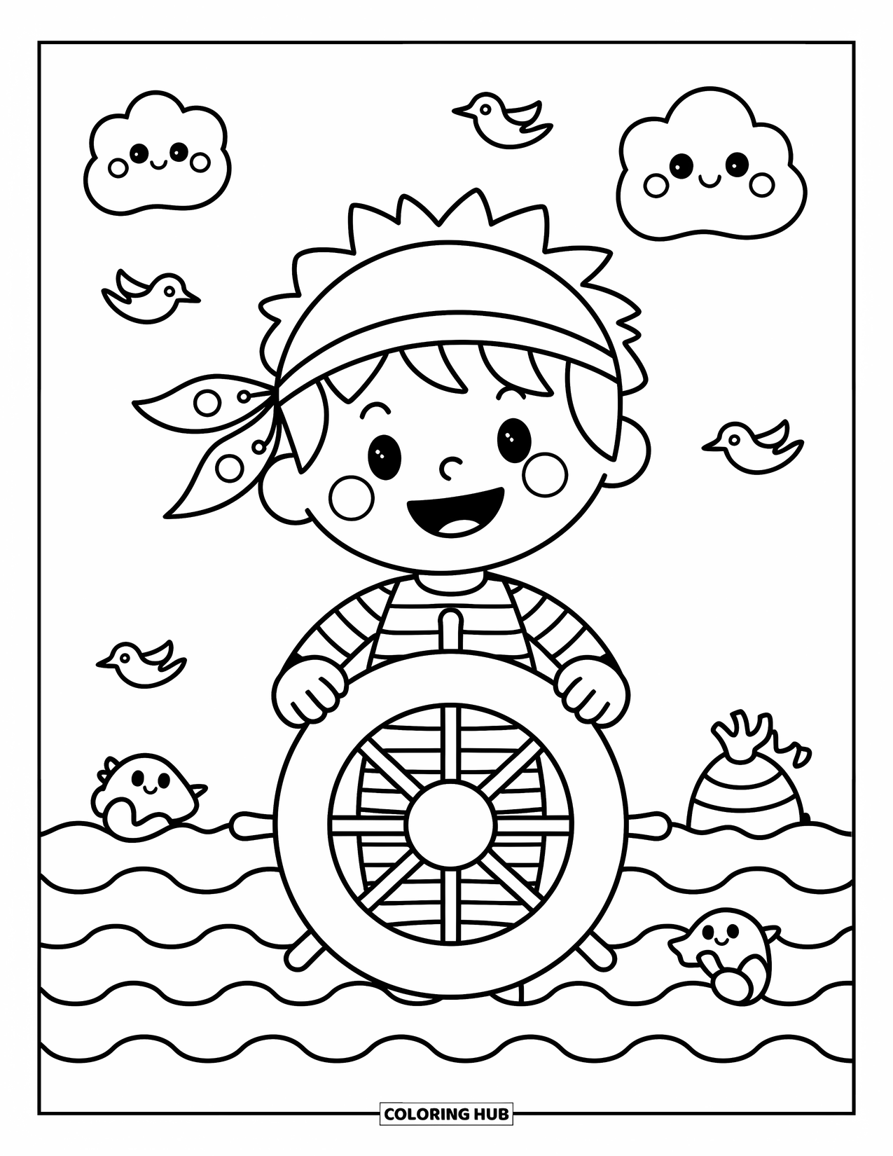 Kolorowanka z piratami dla dorosłych: Radosny piracki chłopiec steruje statkiem z mewami i falami