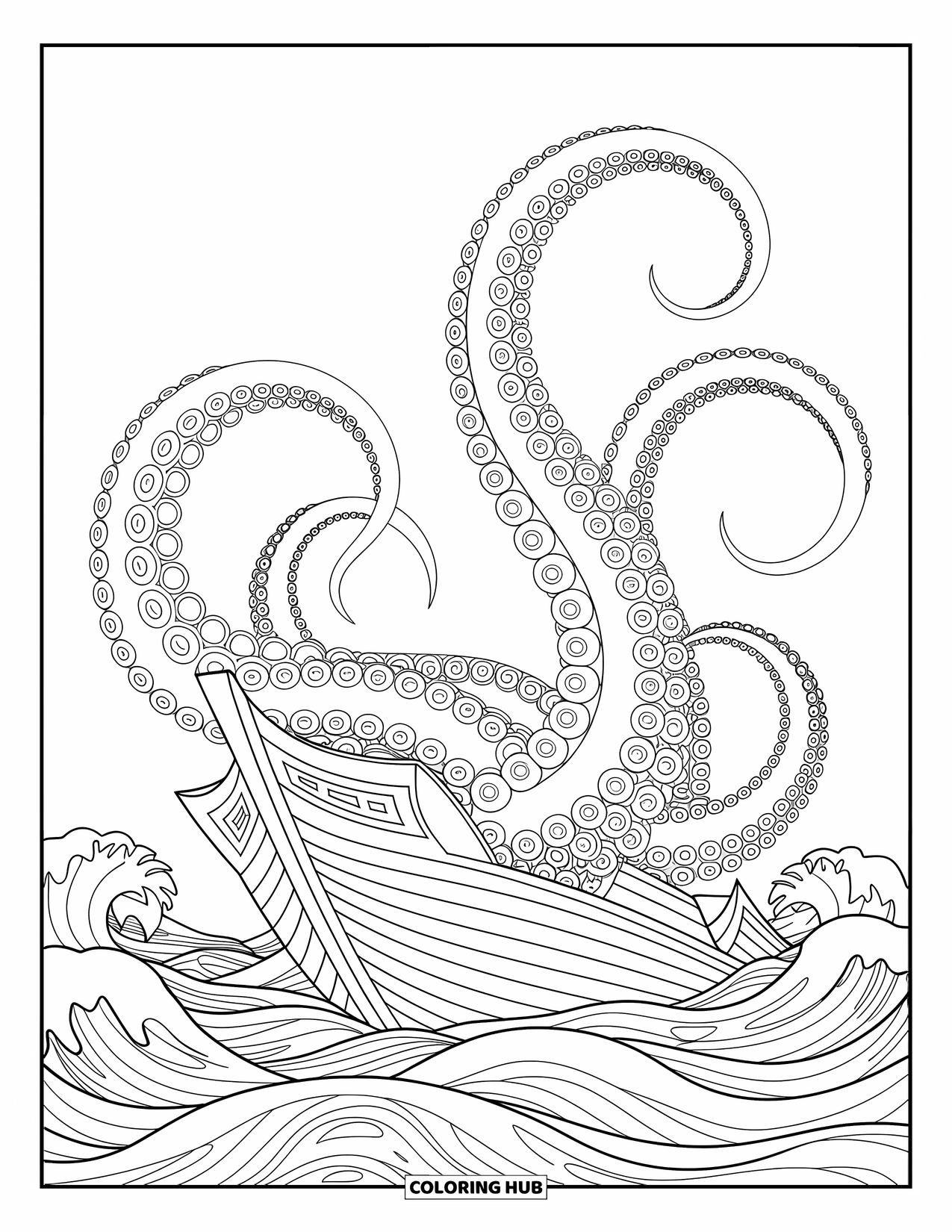 Kolorowanka z piratami dla dorosłych: Kraken chwyta statek szczegółowymi mackami i rozbijającymi się falami