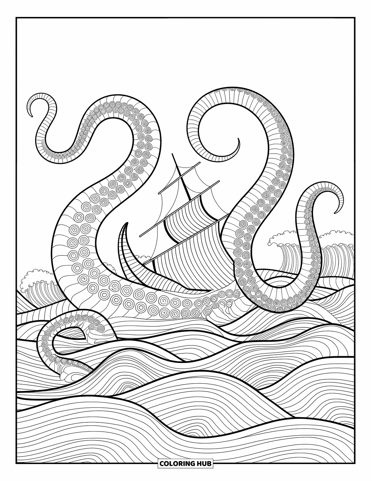 Kolorowanka z piratami dla dorosłych: Kraken owija się wokół statku skomplikowanymi mackami i falami