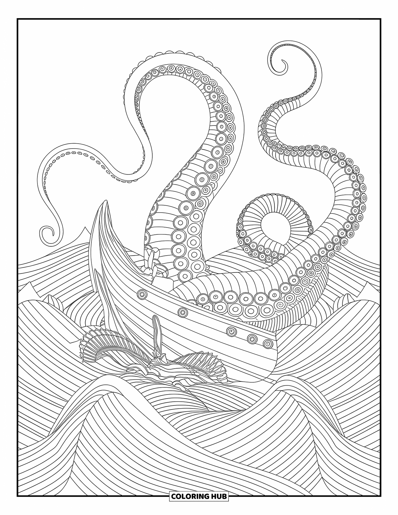 Kolorowanka z piratem dla dorosłych: Kraken owijający mackami statek wśród rozbijających się fal