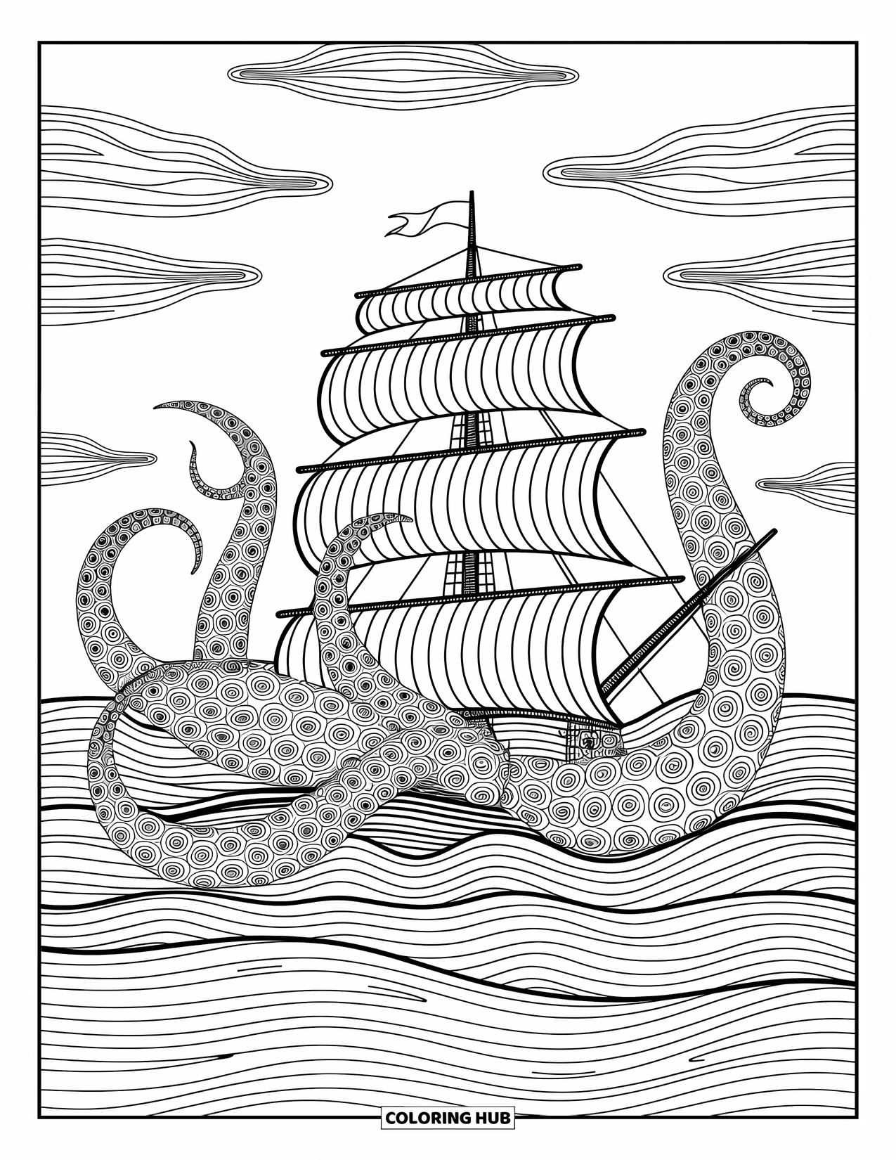 Kolorowanka z piratem dla dorosłych: Macki krakena splecione wokół statku ze szczegółowymi wzorami