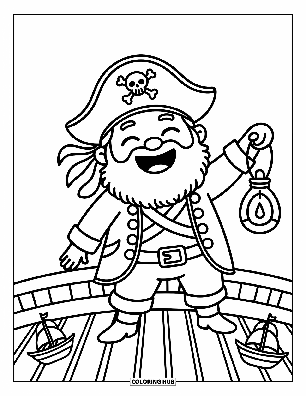 Kolorowanka z piratami dla dorosłych: Śmiejący się kapitan piratów z latarnią stoi na pokładzie z muszelkami