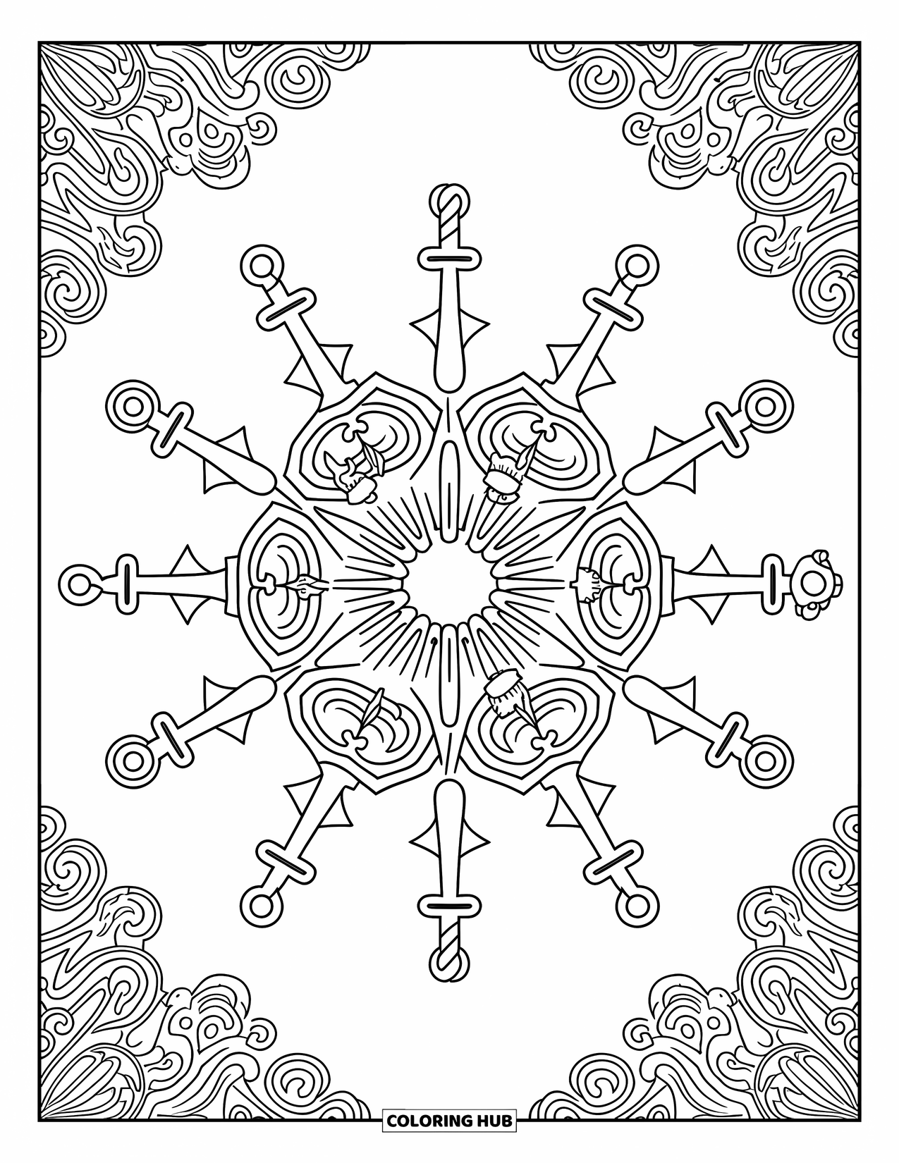Kolorowanka z piratami dla dorosłych: Mandala przedstawiająca elementy pirackie, takie jak kotwice i miecze ze szczegółowymi wzorami